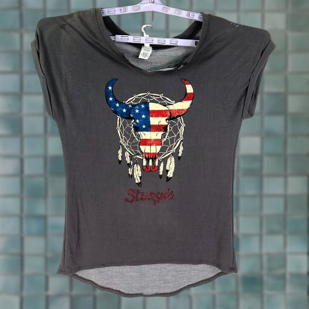 Native Sturgis Black Hills Rally Native Buffalo Top Womens Gray L Sequin Lace Cotton Polyester Blouse Casual Shirt RWB Motorcycle Theme Womens Size L / US 10 / IT 46 - 1 Thumbnail