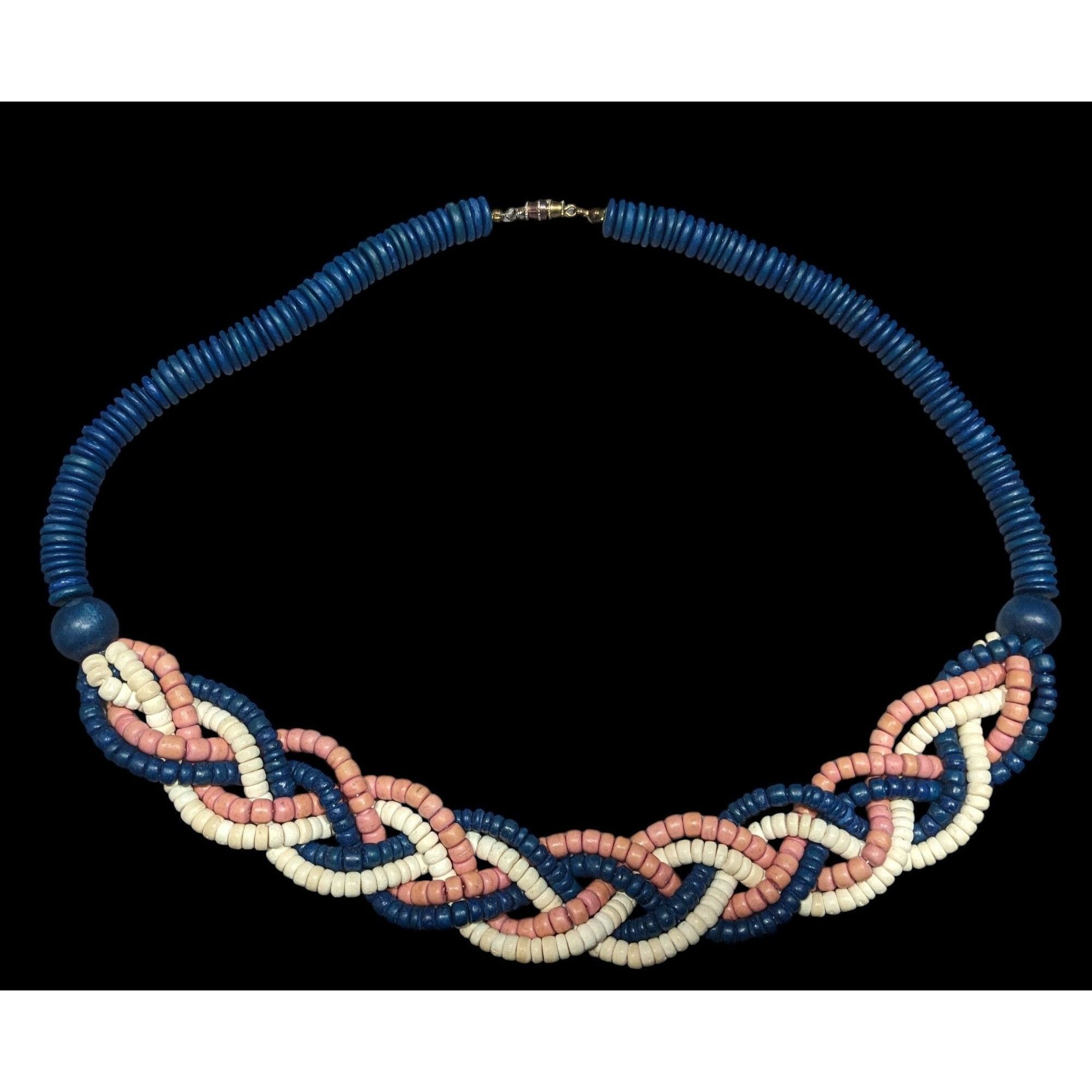 Other Vintage Rustic Blue And Pink Wood Beaded Braided Necklace Size ONE SIZE - 1 Thumbnail