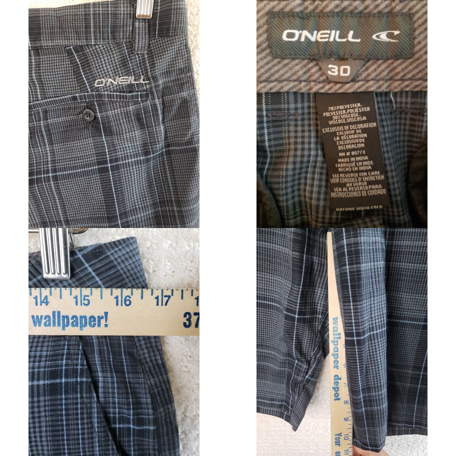J Brand O’Neill Surf Brand Casual Chino Shorts Men 30x10 Plaid Zip Belt Loops Logo Pockets Gray Blue Black Twill New Size US 30 / EU 46 - 8 Thumbnail