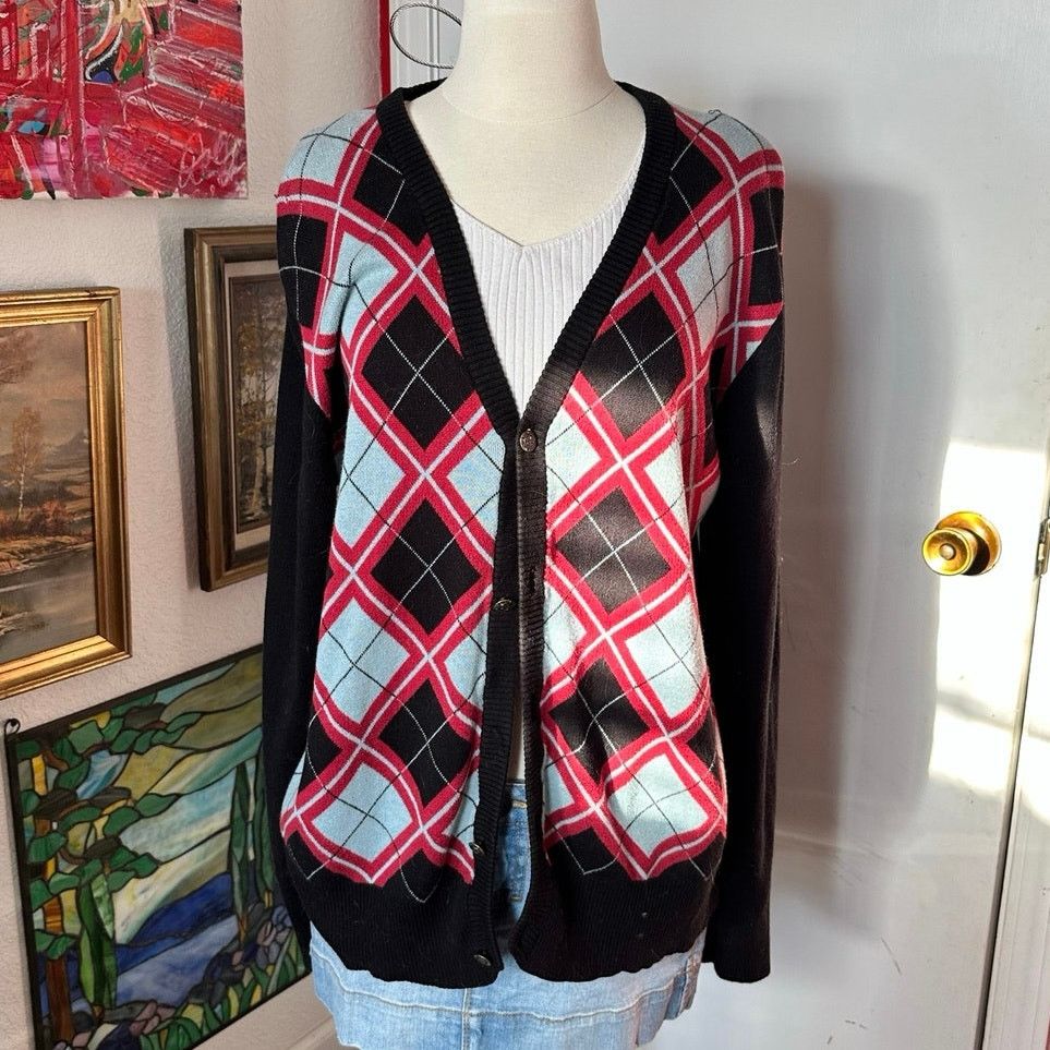 Other nick danger argyle red black and blue button up cardigan Size L / US 10 / IT 46 - 1 Thumbnail