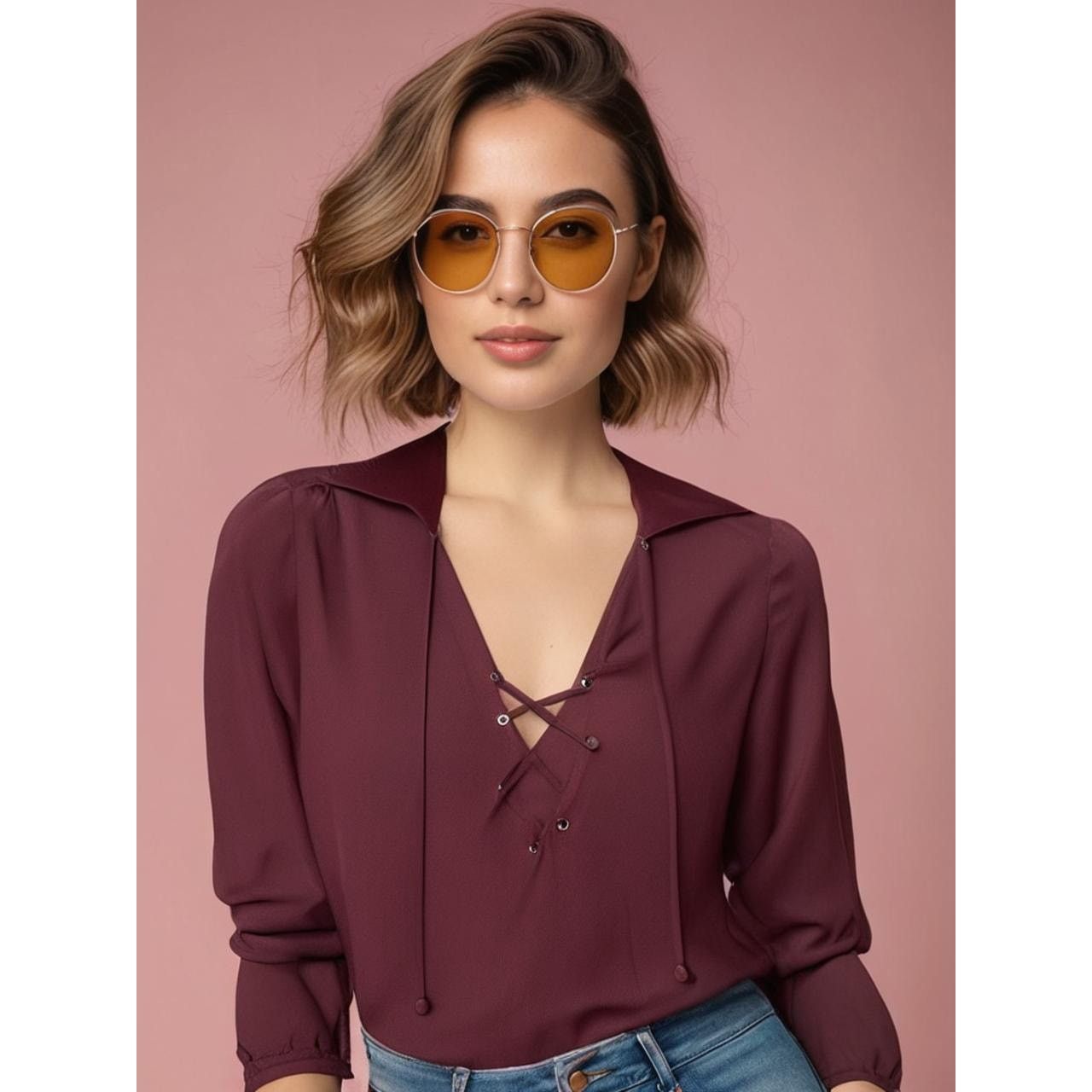 Frame FRAME Women's Lace-Up Silk Blouse Red Collared Long Sleeve Size XS / US 0-2 / IT 36-38 - 1 Thumbnail