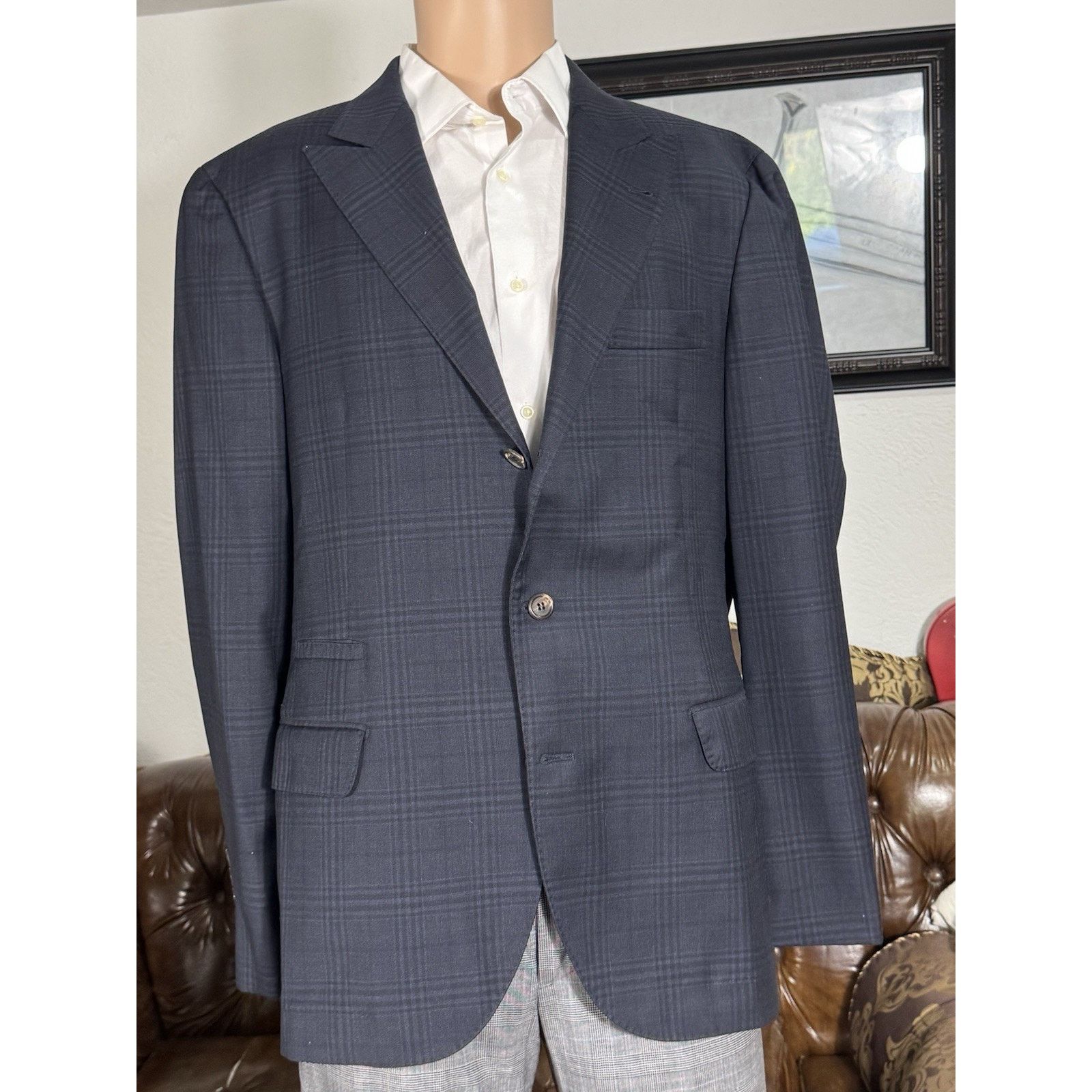 Brunello Cucinelli Brunello Cucinelli Navy Peak Lapel Wool Blazer Plaid 54/44 Size 44R - 1 Thumbnail