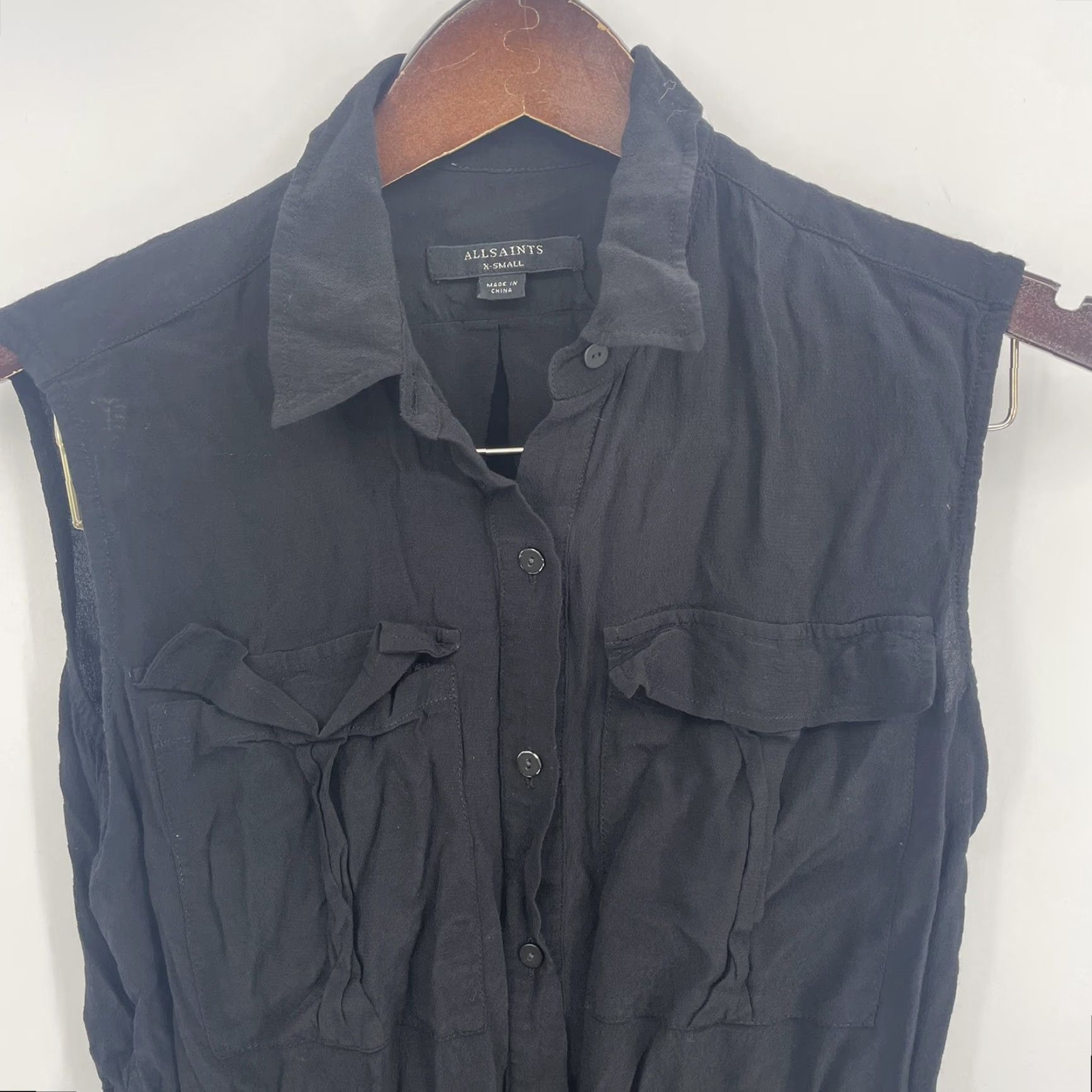 Allsaints All Saints Millie Sleeveless Dress XS Black Button Collared Tie Waist Boho Minimalist Shirt Dress Womens 90s Beach City (no extra) Size XS / US 0-2 / IT 36-38 - 2 Thumbnail