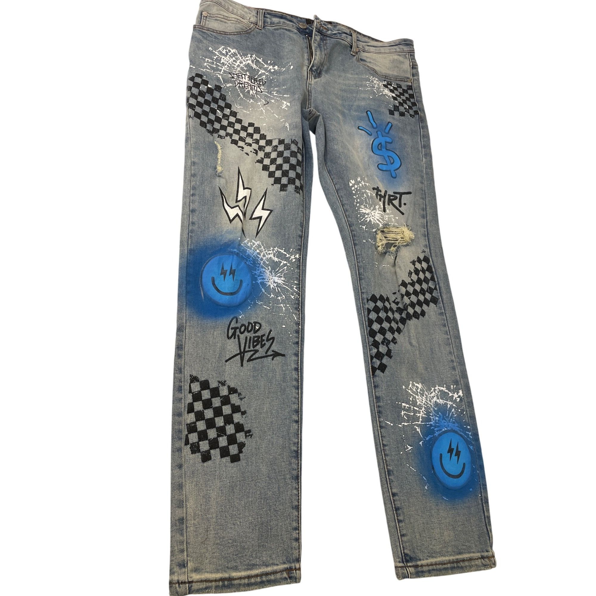 Other THRT Mens Blue Graffiti Y2K Denim Jeans Size 40x31SKU 8548 Size US 40 / EU 56 - 14 Thumbnail