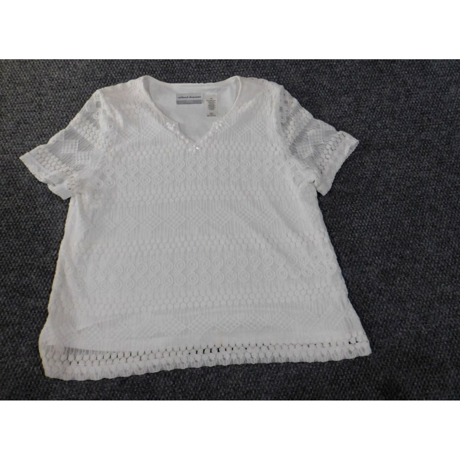 Vintage Alfred Dunner Blouse Shirt Womens V-Neck Short Sleeve Beaded Lace White Petite Large Top Size L / US 10 / IT 46 - 5 Thumbnail