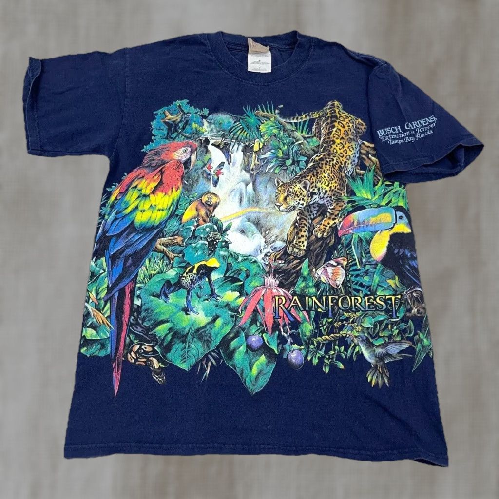 Habitat VINTAGE Habitat Busch Gardens Shirt Men M Blue Nature Rain Forest AOP All Over 80s Retro Graphic Print T-Shirt (Blue) Mens Size US M / EU 48-50 / 2 - 1 Thumbnail
