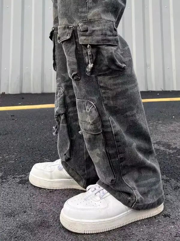 VIBE Street distressed camouflage multi-pocket wide-leg jeans Size US 33 - 8 Thumbnail