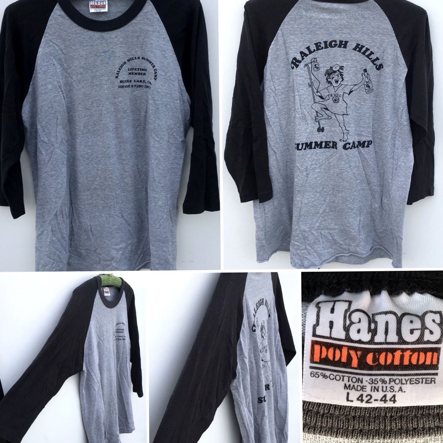 Hanes VINTAGE Raleigh Hills Summer Camp Raglan T Shirt 1980s 80s Sz L Men Heather Gray & Black Hanes Poly cotton 65% Cotton 35% Polyester Graphic Tee Size US L / EU 52-54 / 3 - 3 Thumbnail