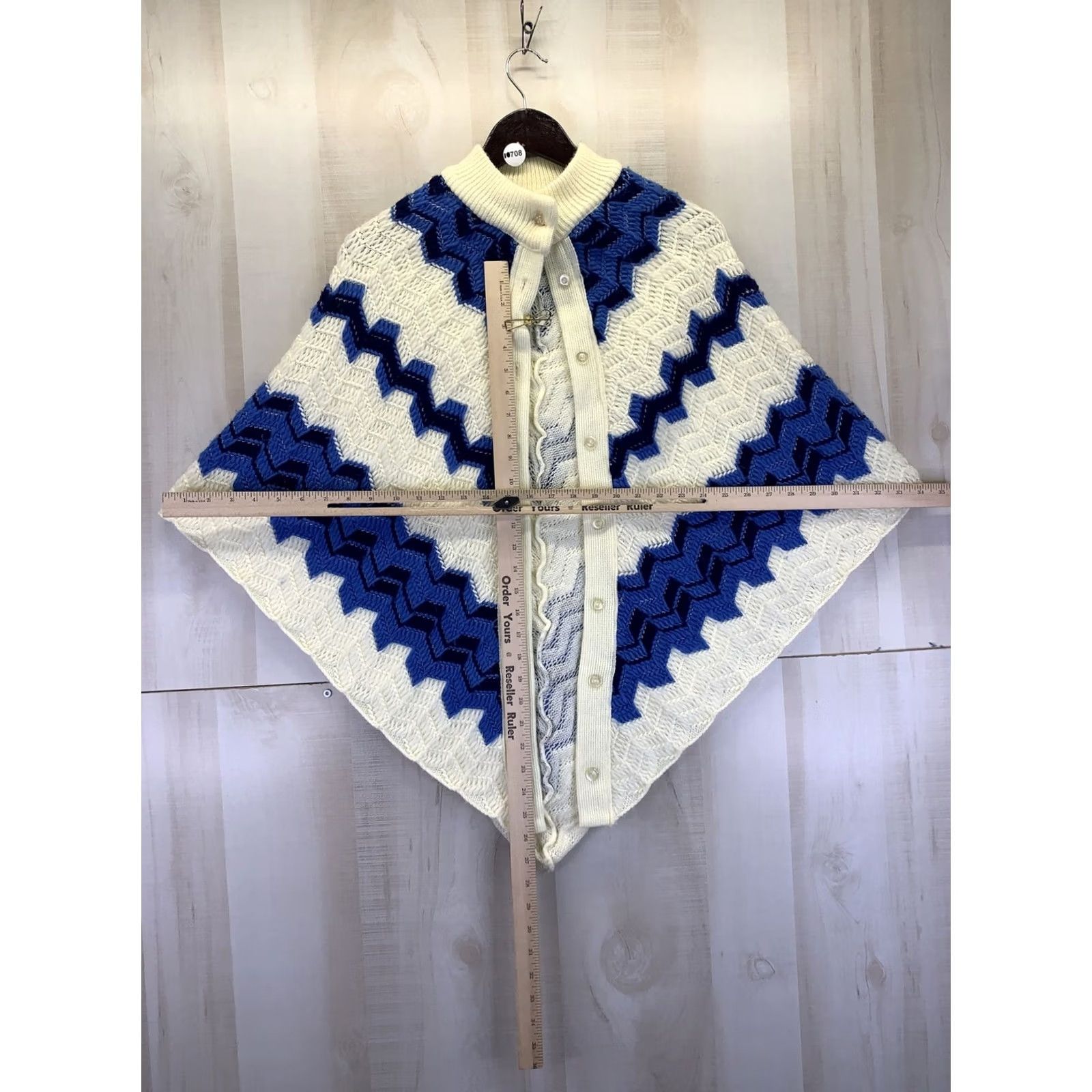 Vintage VINTAGE Shawl Wrap Geometric Afghan Knit Ivory Blue Women’s Shawl Cape-10708 Button Closure Size ONE SIZE - 5 Thumbnail