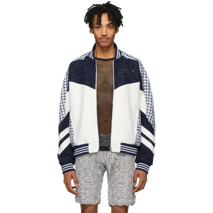 image of Faith Connexion Mix Tweed Bomber Jacket in Navy/White, Men's (Size Small)