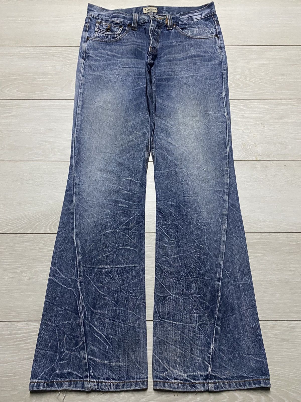 Tornado Mart 💥Flare💥Nylaus Distressed Denim Twist leg Pants Size US 32 / EU 48 - 1 Thumbnail