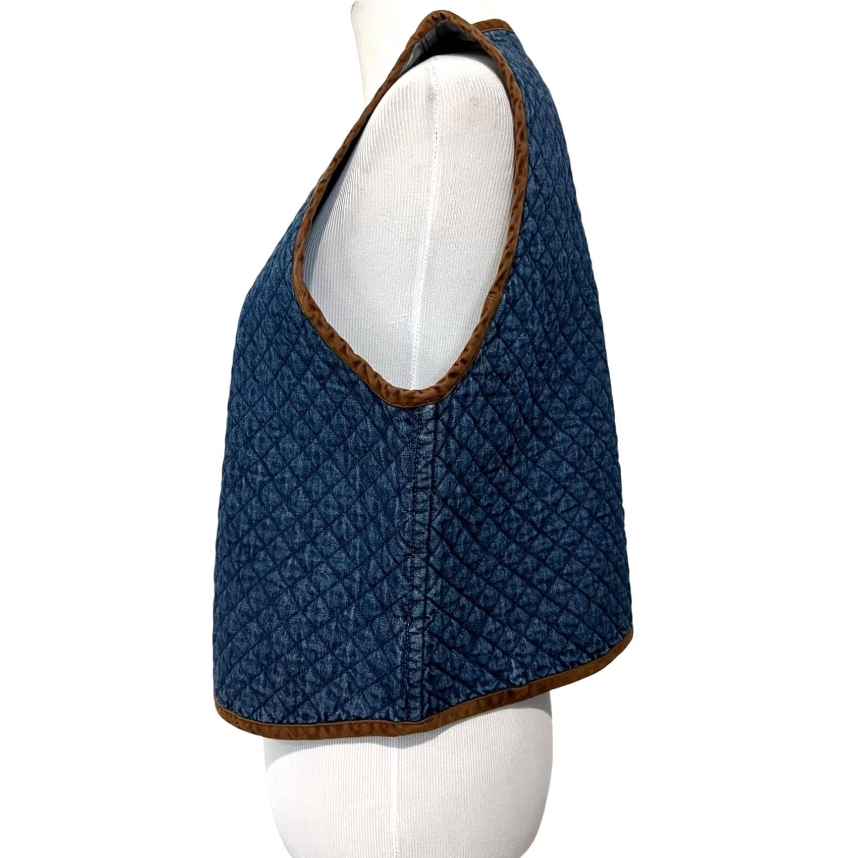 Denime Signature by Jerell Vintage Womens Denim Diamond Quilted Vest Blue Brown Trim Cotton Made USA Sz L Size L / US 10 / IT 46 - 5 Thumbnail