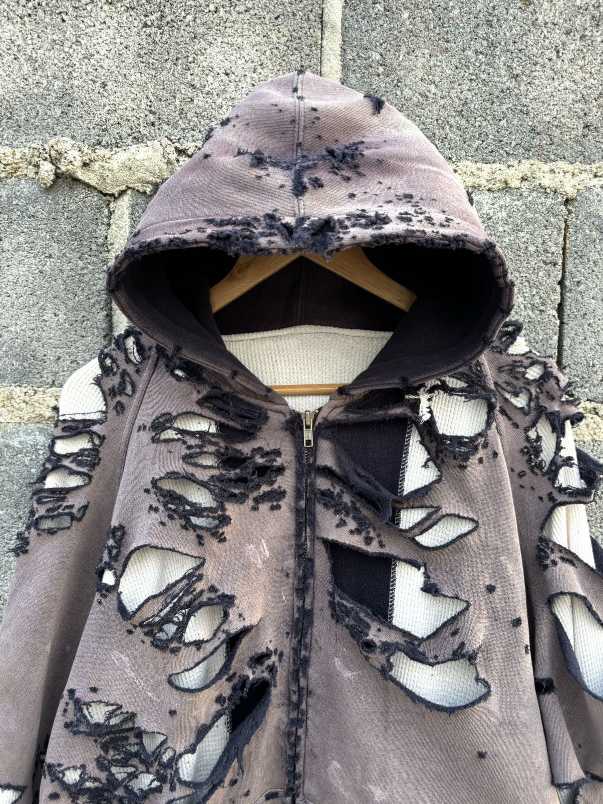 Vintage BOXY THRASHED THERMAL WAFFLE ZIP HOODIE Size US XL / EU 56 / 4 - 3 Thumbnail