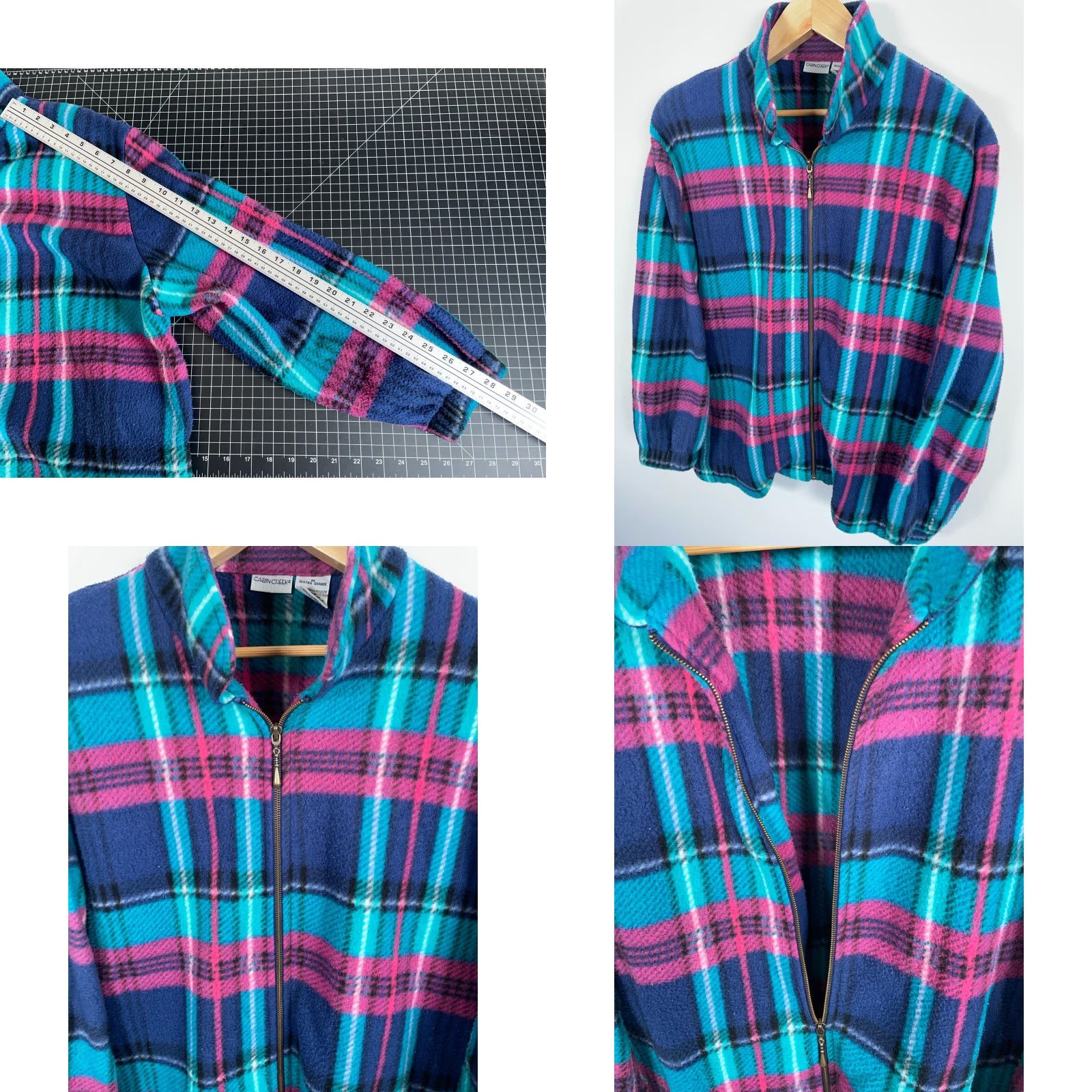 Pinko VINTAGE Cabin Creek 90s Fleece Zip Up Shirt Jacket Women 2X Pink Green Plaid Full Zip Grunge Size XXL / US 16-18 / IT 52-54 - 8 Thumbnail