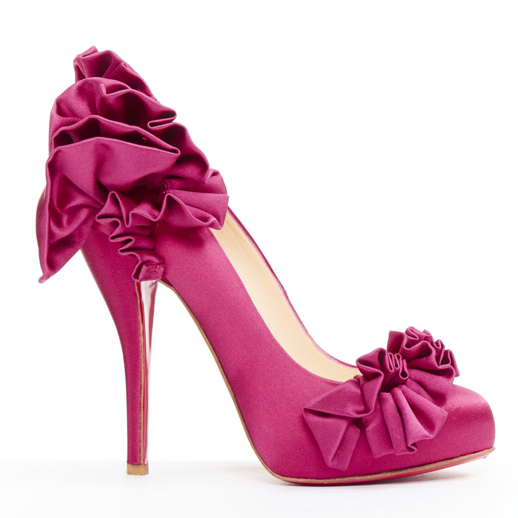 Christian Louboutin CHRISTIAN LOUBOUTIN Escandria 120 Satin cranberry pink ruffle platform pumps EU37.5 Size US 7.5 / IT 37.5 - 1 Thumbnail
