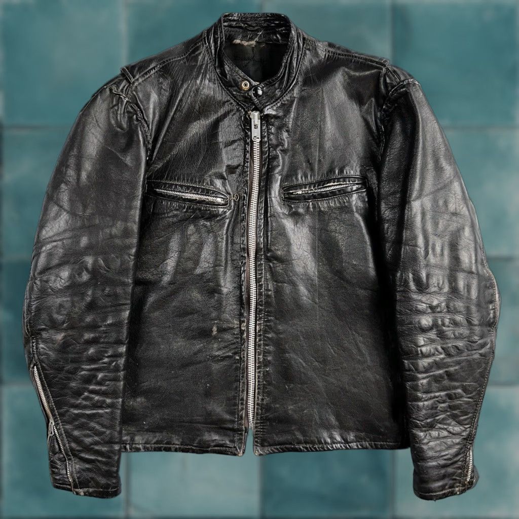 Vintage VINTAGE Motorcycle/ Biker Leather Jacket Black 38 1960s 50s 60s Cafe Racer Vintage 38 Mens Womens Boys Girls Size US XXS / EU 40 - 1 Thumbnail