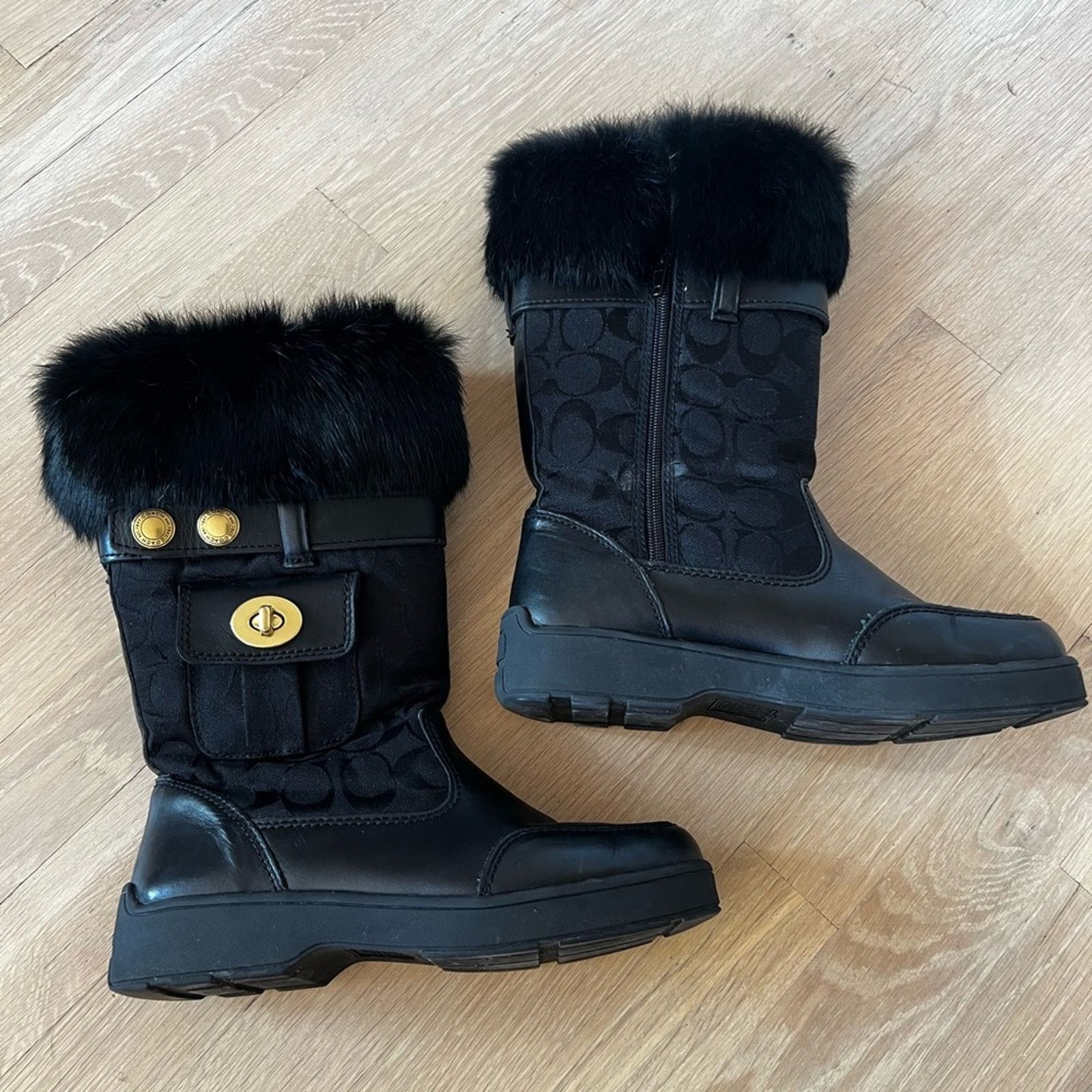 Coach Coach Kimberly Boots Black Canvas Logo Rabbit Fur Trim SZ 6M Size US 6 / IT 36 - 1 Thumbnail
