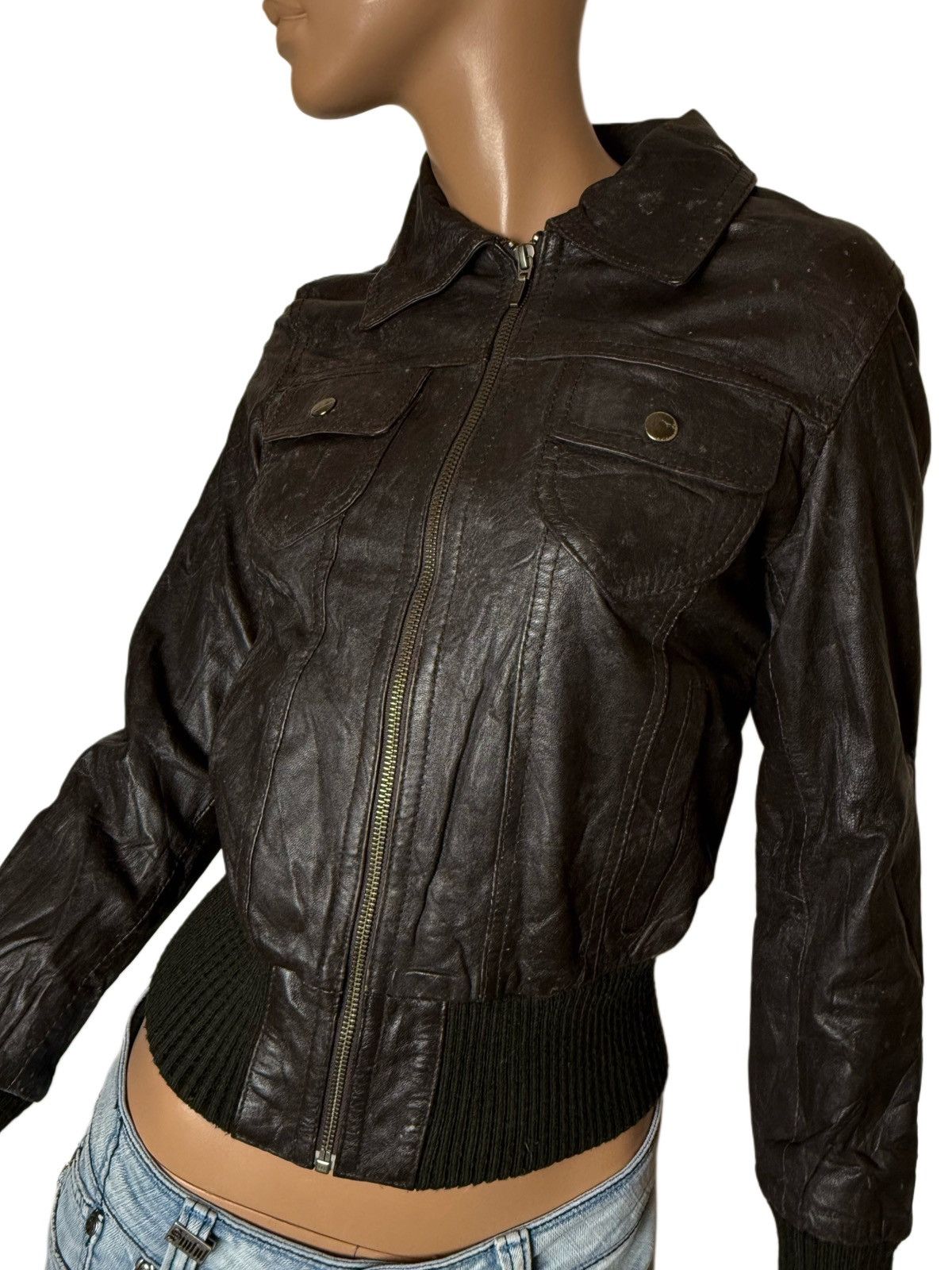 Other Y2K Vintage Leather Bomber Jacket Cropped Fitted 2000s Indie Size S / US 4 / IT 40 - 2 Thumbnail