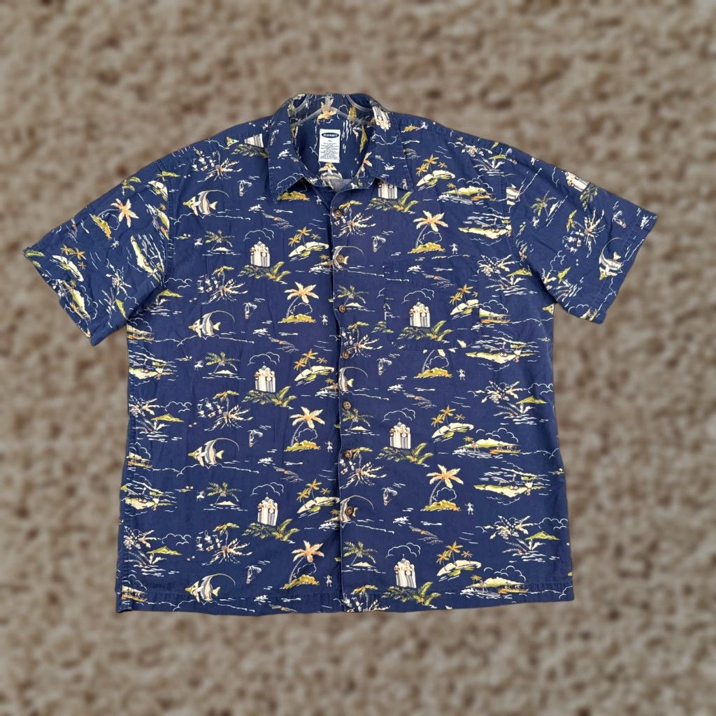 Old Navy VINTAGE Old Navy Shirt Men XL Blue Palm Surf Luau Hawaiian Cotton Button-Up Short Sleeve Reg Regular 44in Chest Mens Size US XL / EU 56 / 4 - 1 Thumbnail