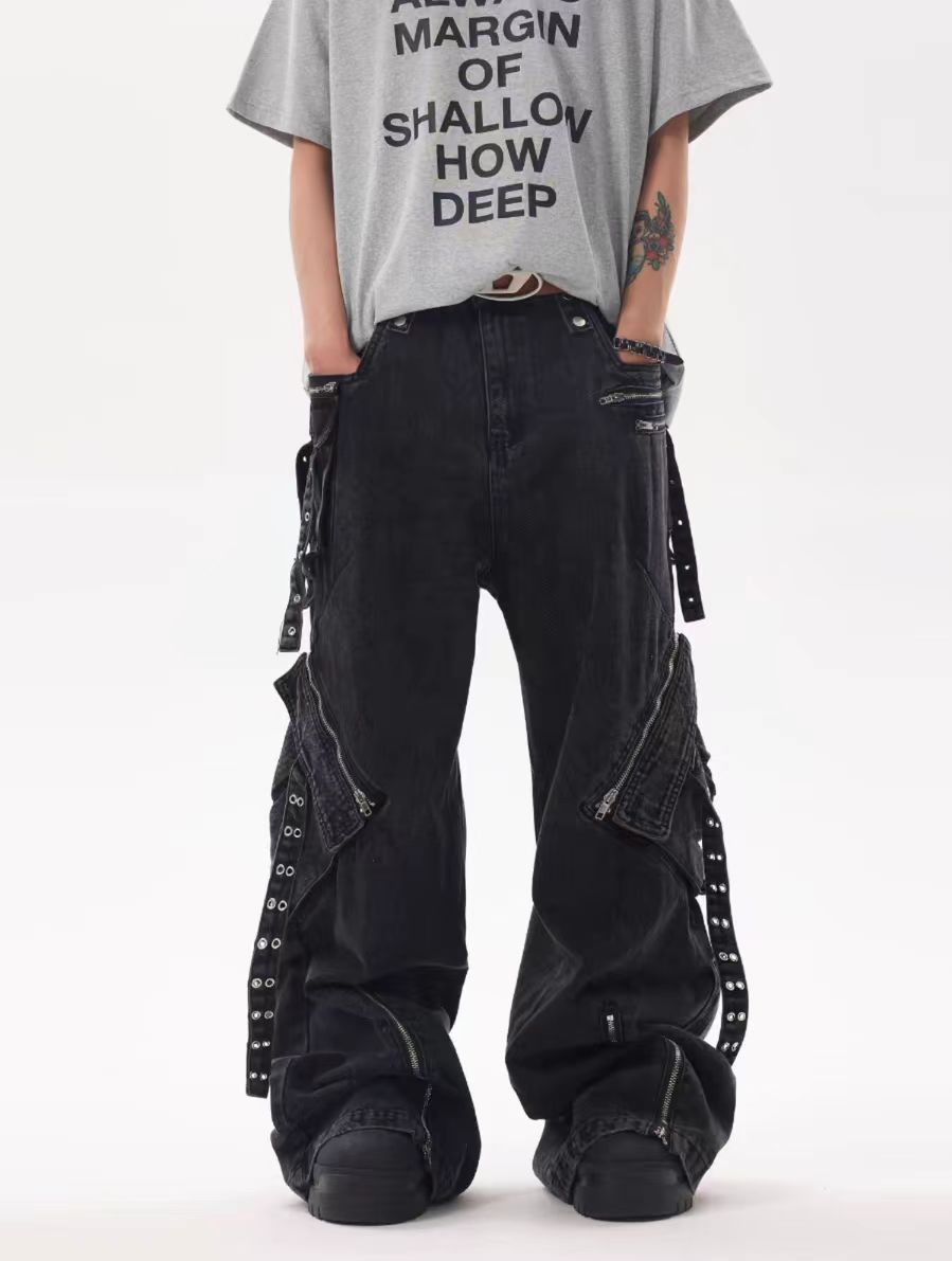 Japanese Brand × Jean High Street Black Heavyweight Strappy Design Baggy Jeans Size US 30 / EU 46 - 2 Thumbnail