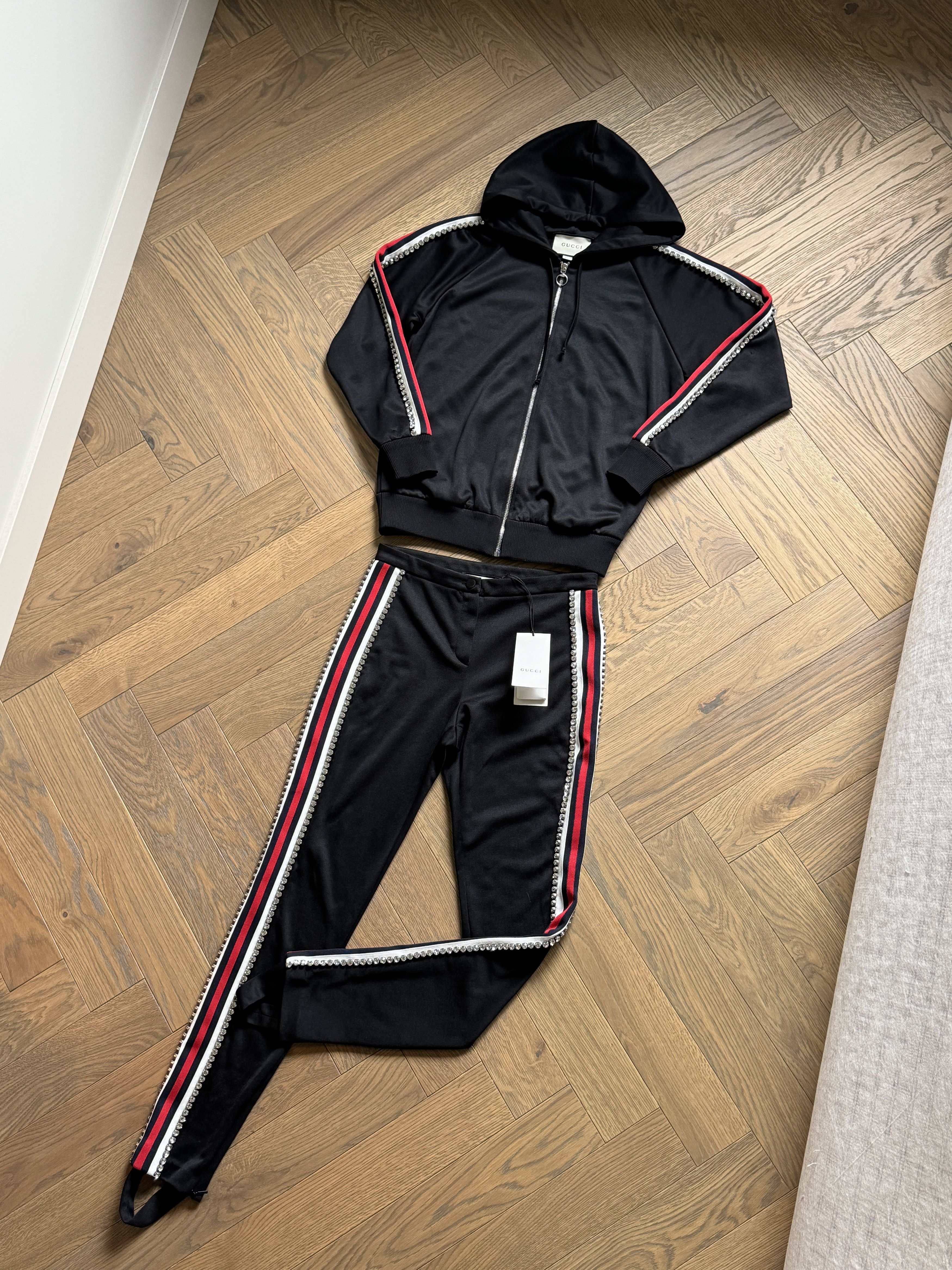 Gucci black jersey crystal stripe tracksuit set