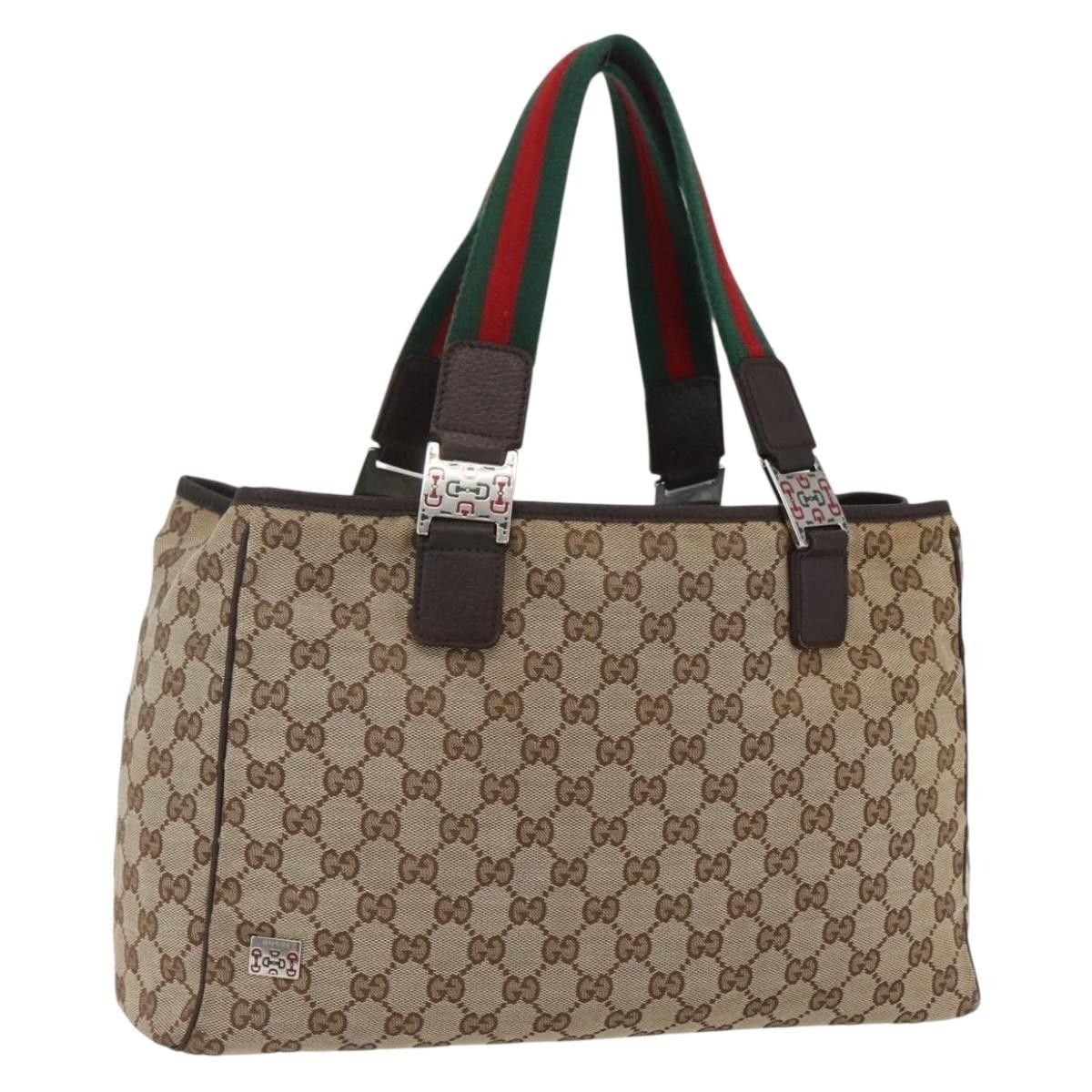 Gucci GG Canvas Web Sherry Line Tote Bag Beige Silver 145758, Women's
