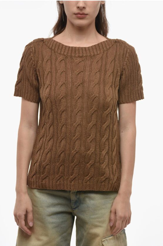 image of Max Mara Linen Aran Sweater With Openwork Detail in Brown, Women's (Size Large)