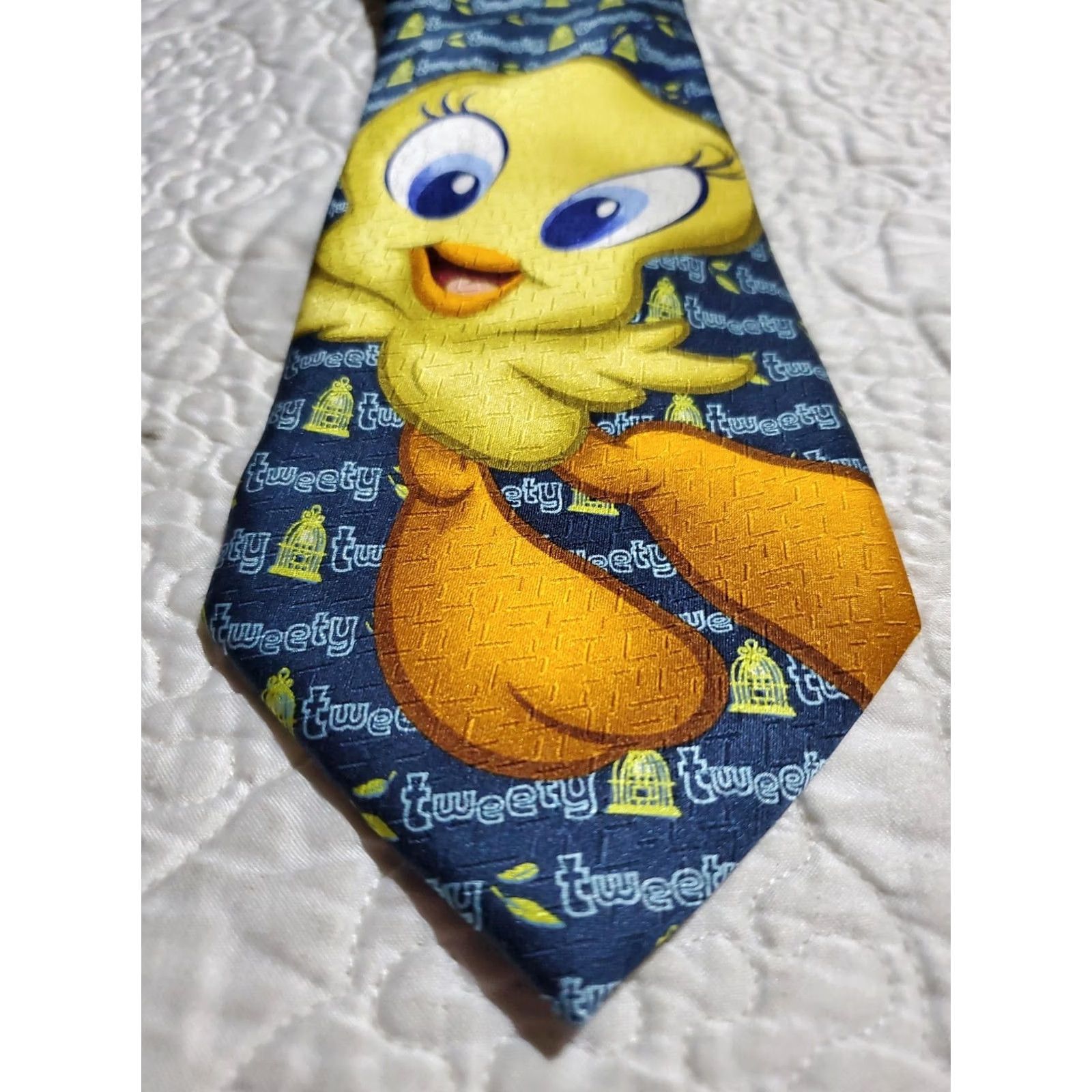 Vintage BIG FACE Tweety Bird Looney Tunes 100% Silk Hand Made Tie Shirt Men Blue Classic 57"-60" Size ONE SIZE - 2 Thumbnail