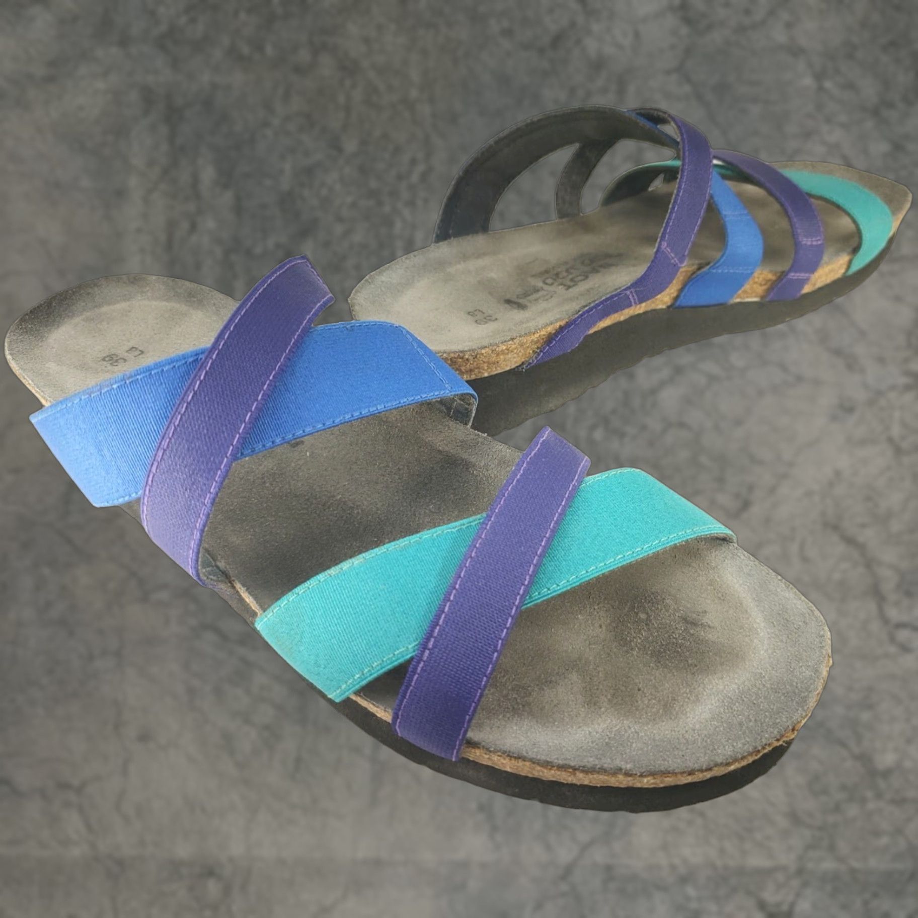 Vintage Naot Roxanna Sandals Strappy Aqua Blue Combo Leather Cork Insole Womens Sz 8 Slip On Beach Outdoor Casual Size US 8 / IT 38 - 1 Thumbnail