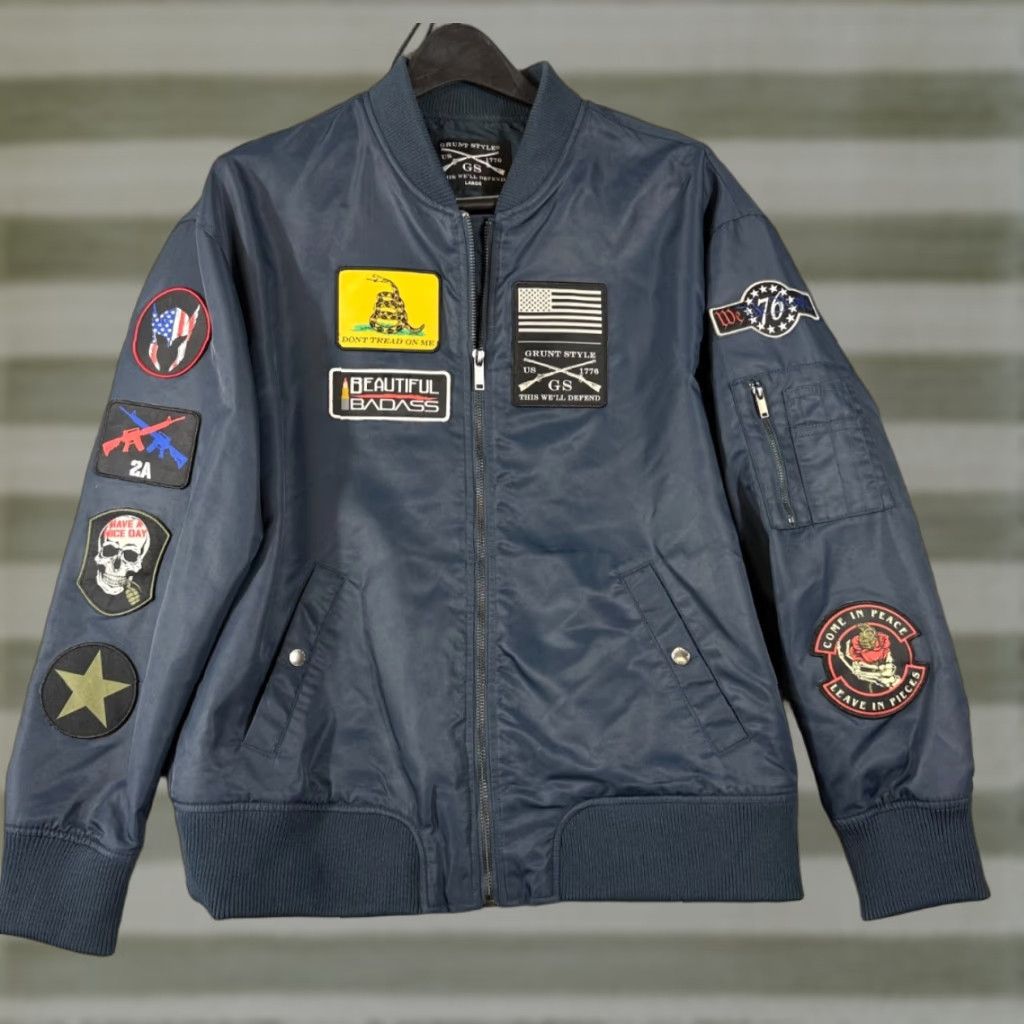 Vintage VINTAGE Grunt Style Bomber Jacket Women L Navy Full Zip Lined Patriotic Military Patches Size L / US 10 / IT 46 - 1 Thumbnail