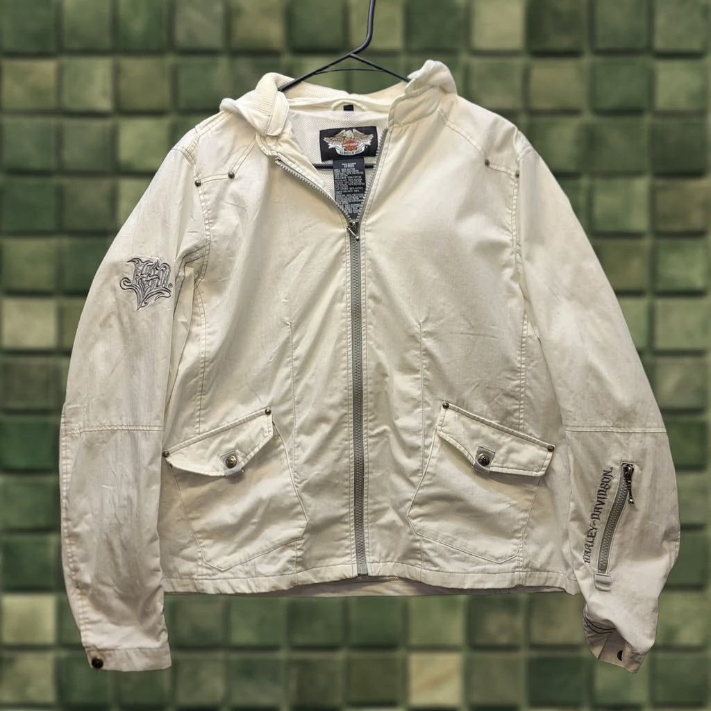 Harley Davidson Harley-Davidson Jacket Womens S Logo Hooded Mixed Media Textured Knit Cropped Short Sleeve Long Sleeve Zip Front Regular Fit Biker Style White Size S / US 4 / IT 40 - 1 Thumbnail