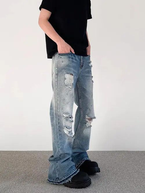 Japanese Brand Street Hip Hop Ripped Straight Leg Micro Flare Jeans Size US 34 / EU 50 - 1 Thumbnail