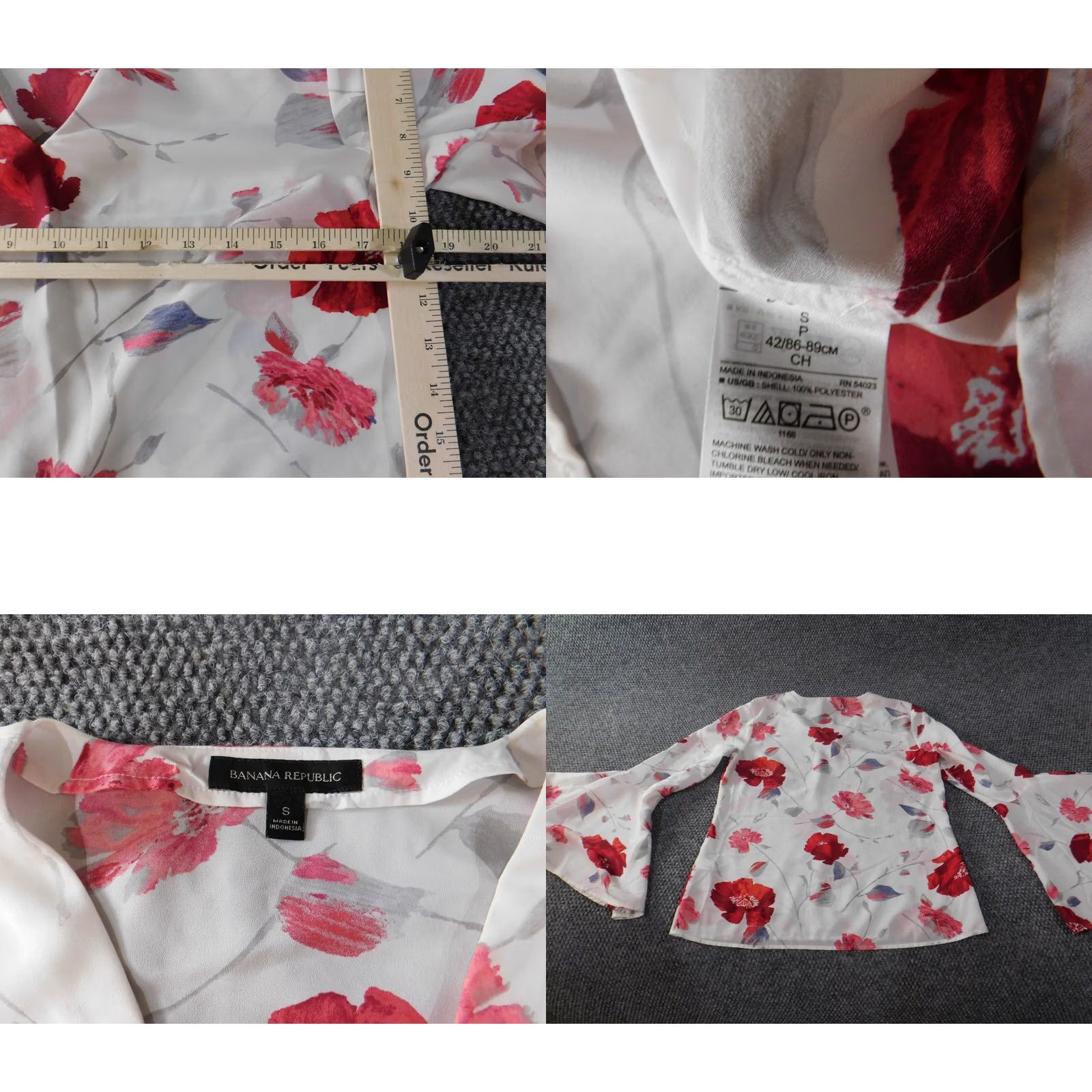 Banana Republic Banana Republic Blouse Womens S White Floral Bell Sleeve Crew Neck Pullover Casual Regular Polyester Woven Classic Size S / US 4 / IT 40 - 8 Thumbnail