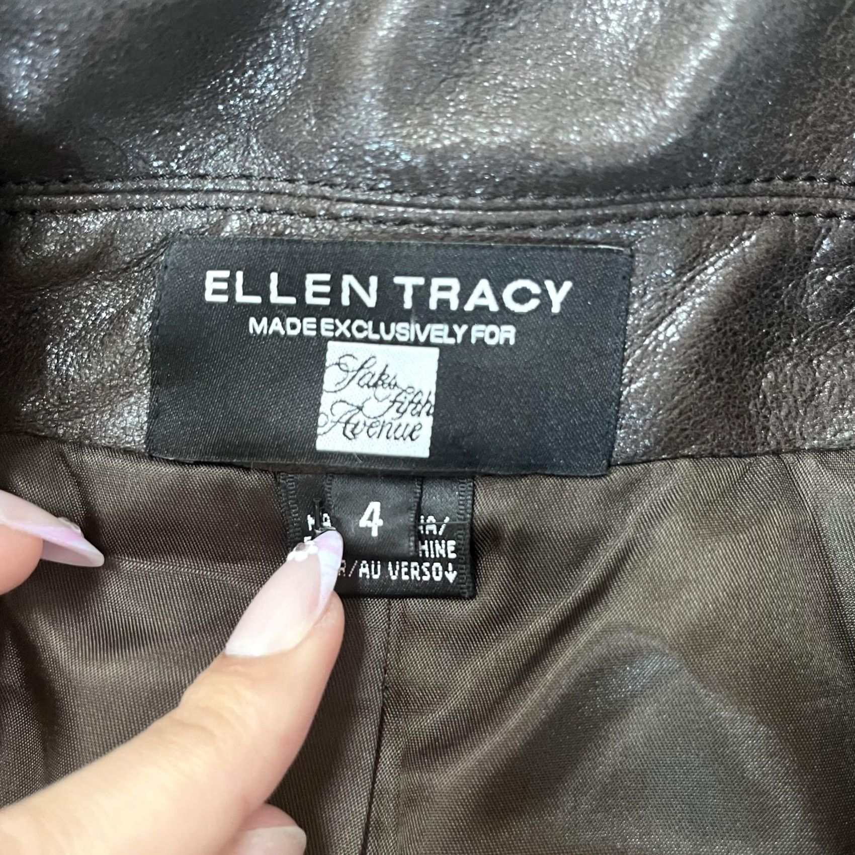 Ellen Tracy Ellen Tracy Jacket Womens 4 Cropped Faux Leather Button Saks Fifth Avenue Shiny Brown Solid Short Lined Collared Single-Breasted Womens 4 Size S / US 4 / IT 40 - 2 Thumbnail