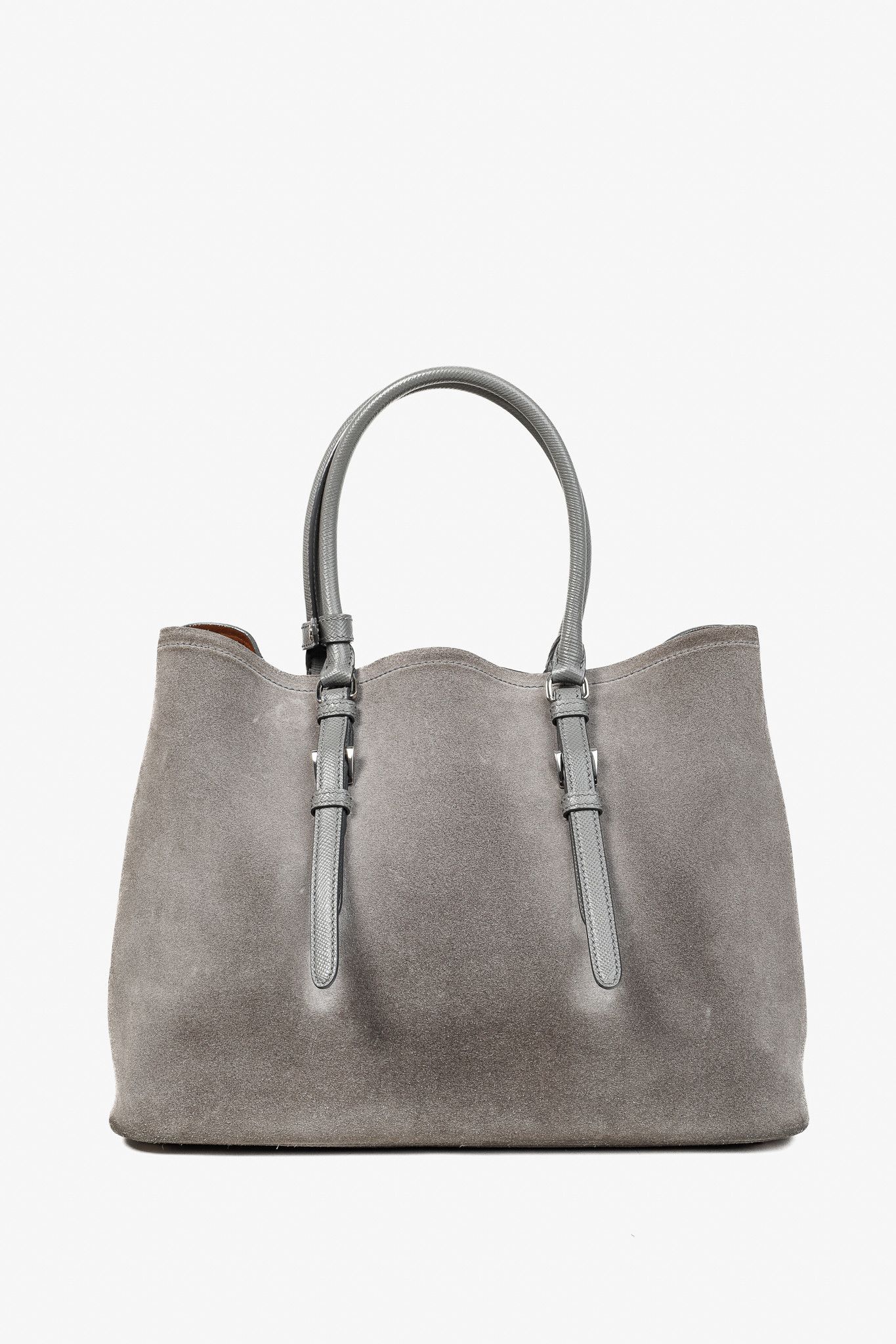 Prada Prada Acciaio Scamosciato Grey Suede Double Bag Tote Size ONE SIZE - 4 Thumbnail