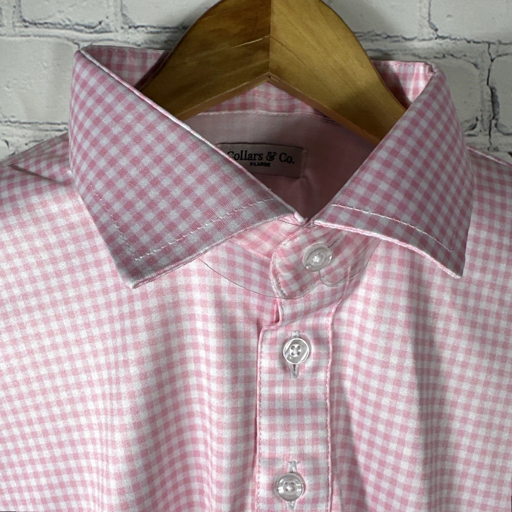CO Collars & Co Dress Collar Polo Shirt L Pink Gingham Semi Spread Short Sleeve Button Closure Men Golf Polo Carded Regular Fit Size 42R - 3 Thumbnail