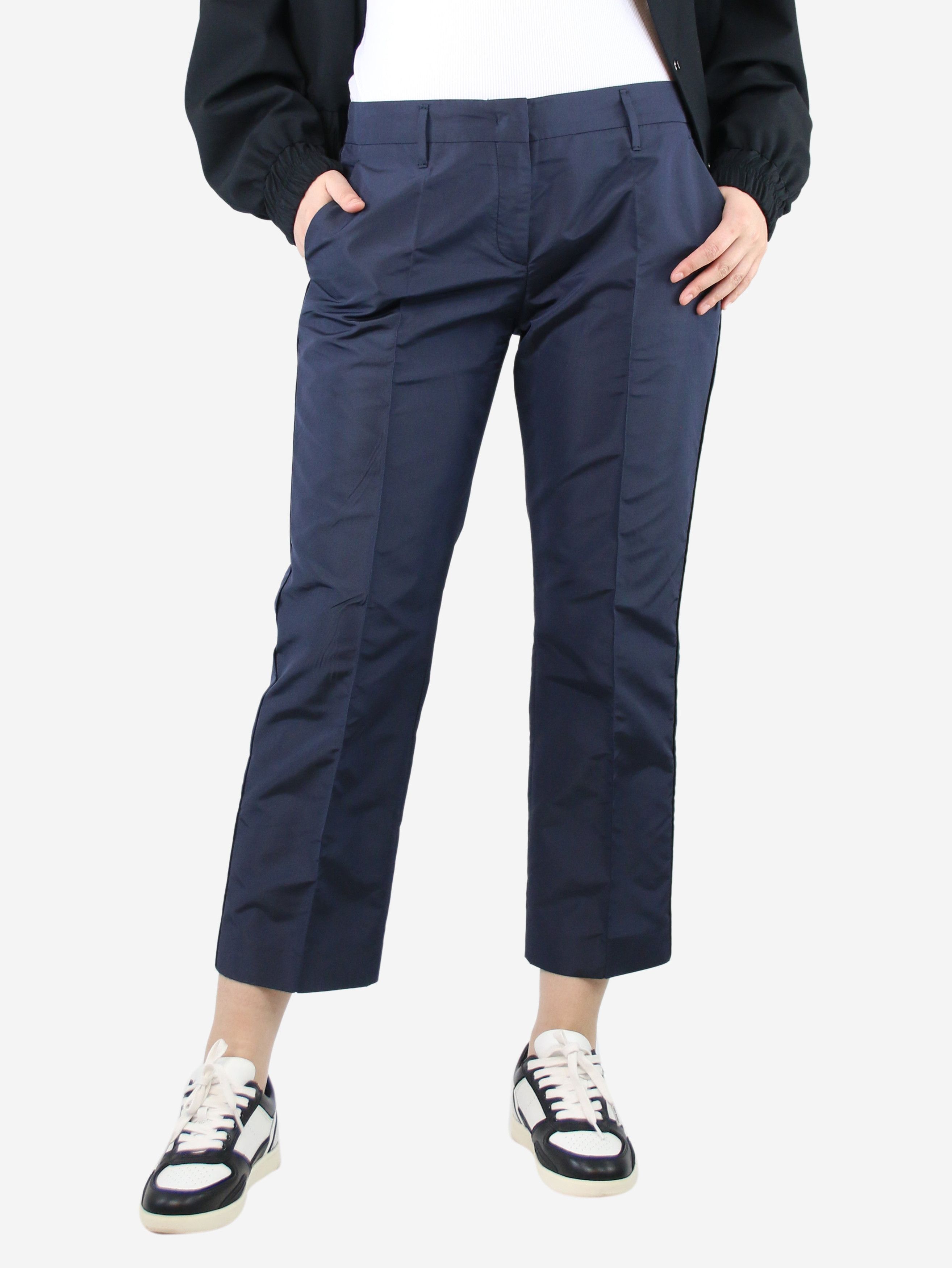 image of Prada Navy Blue Silk-Blend Trousers - Size Uk 12, Women's