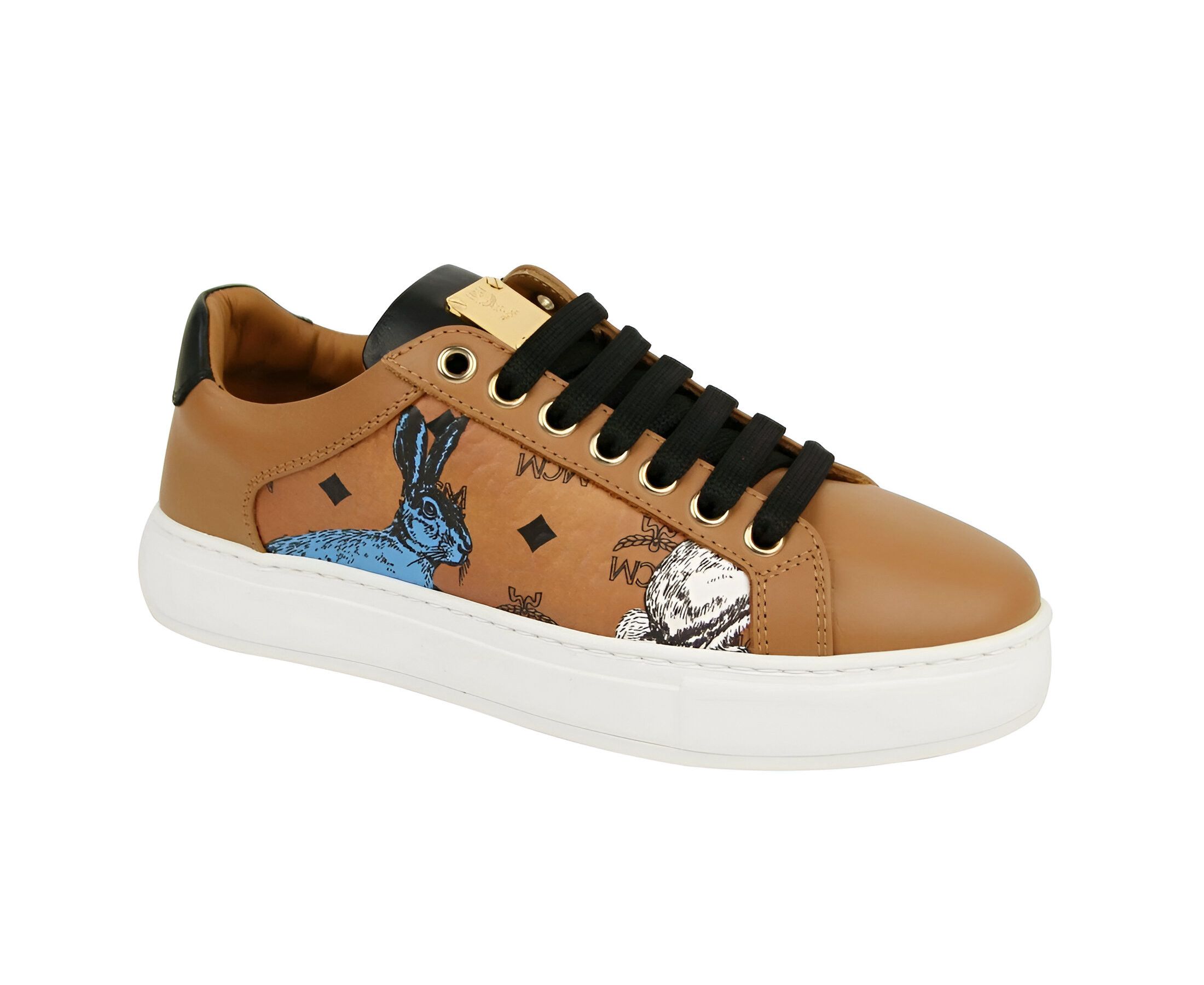 MCM Women's Cognac Brown Visetos Leather Rabbit Print Sneakers Size US 6 / IT 36 - 1 Thumbnail