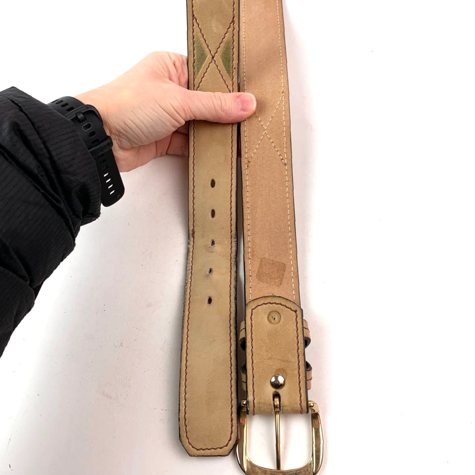 Vintage VINTAGE Potter's Dry Goods Men's Tan Leather Belt 1.5" Buckle Size 36 Cowhide Leather Belt Gold Buckle Mens Size 36 - 8 Thumbnail