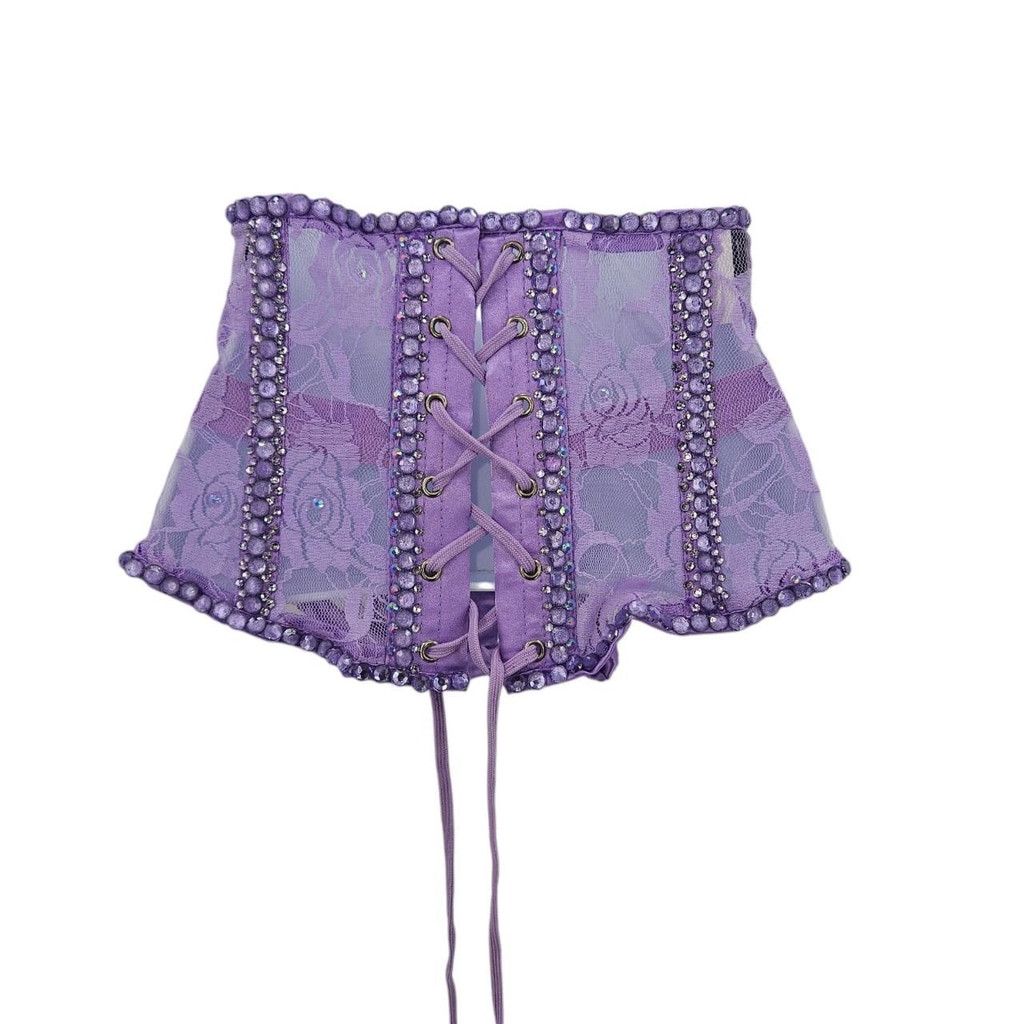 Vintage Purple Lace Corset Hand-Embellished with Rhinestones Size ONE SIZE - 2 Thumbnail