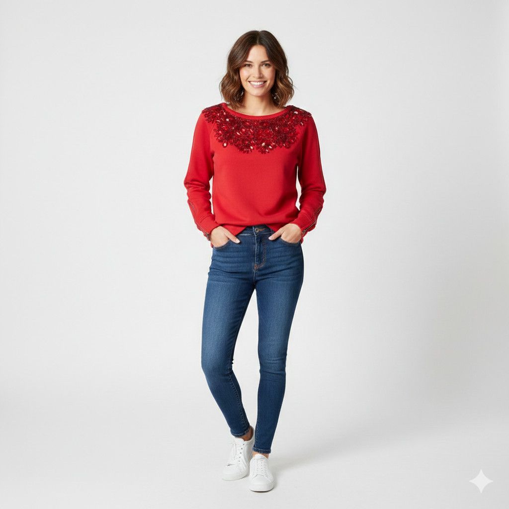 Other Needle & Thread S/M Sweatshirt Glisten Zip Crew Red Cotton Size S / US 4 / IT 40 - 9 Thumbnail