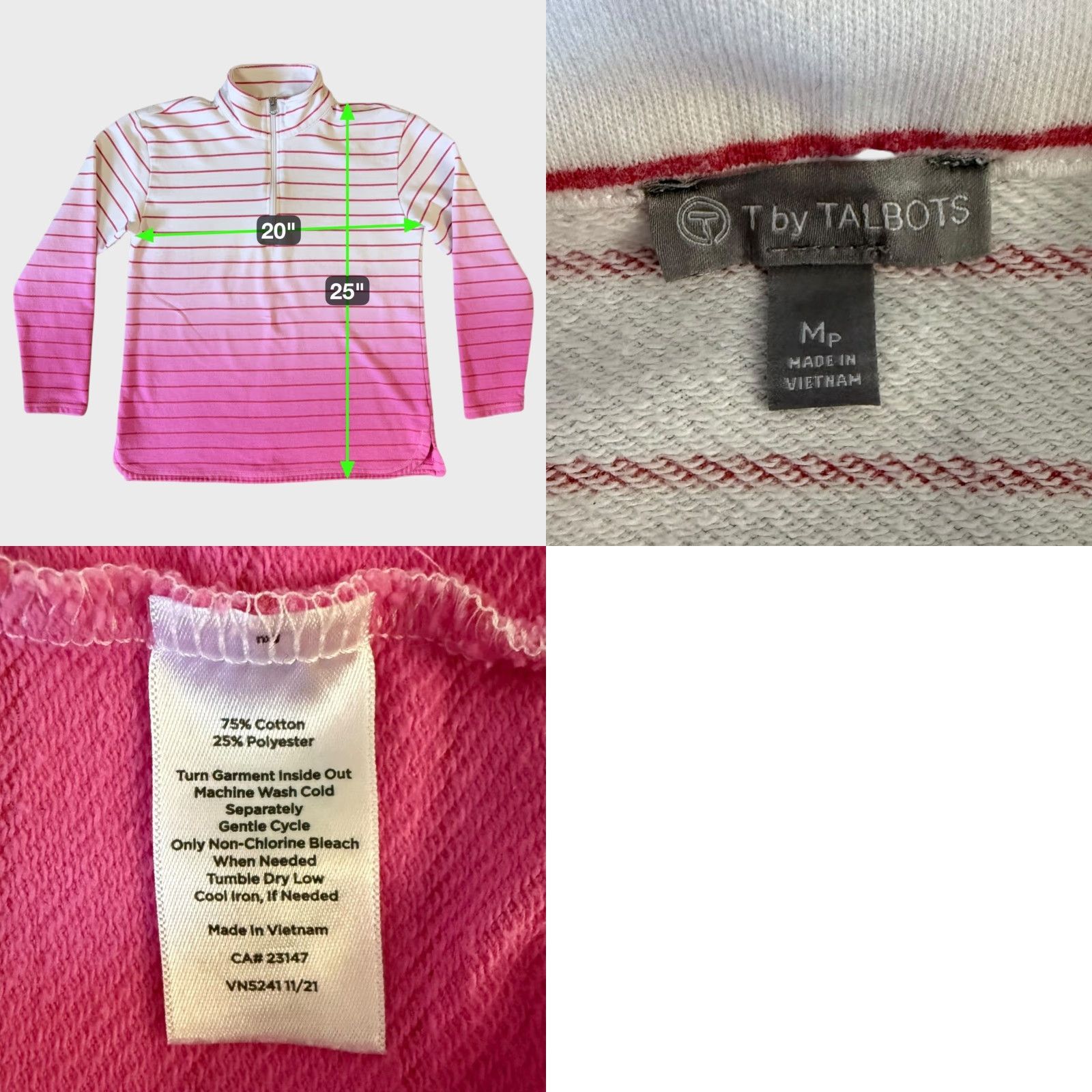 Talbots T By Talbots Striped Sweatshirt Half Zip Pink Ombre Petite Medium Womens Pullover Mock Neck Zippered Casual Activewear Size M / US 6-8 / IT 42-44 - 8 Thumbnail