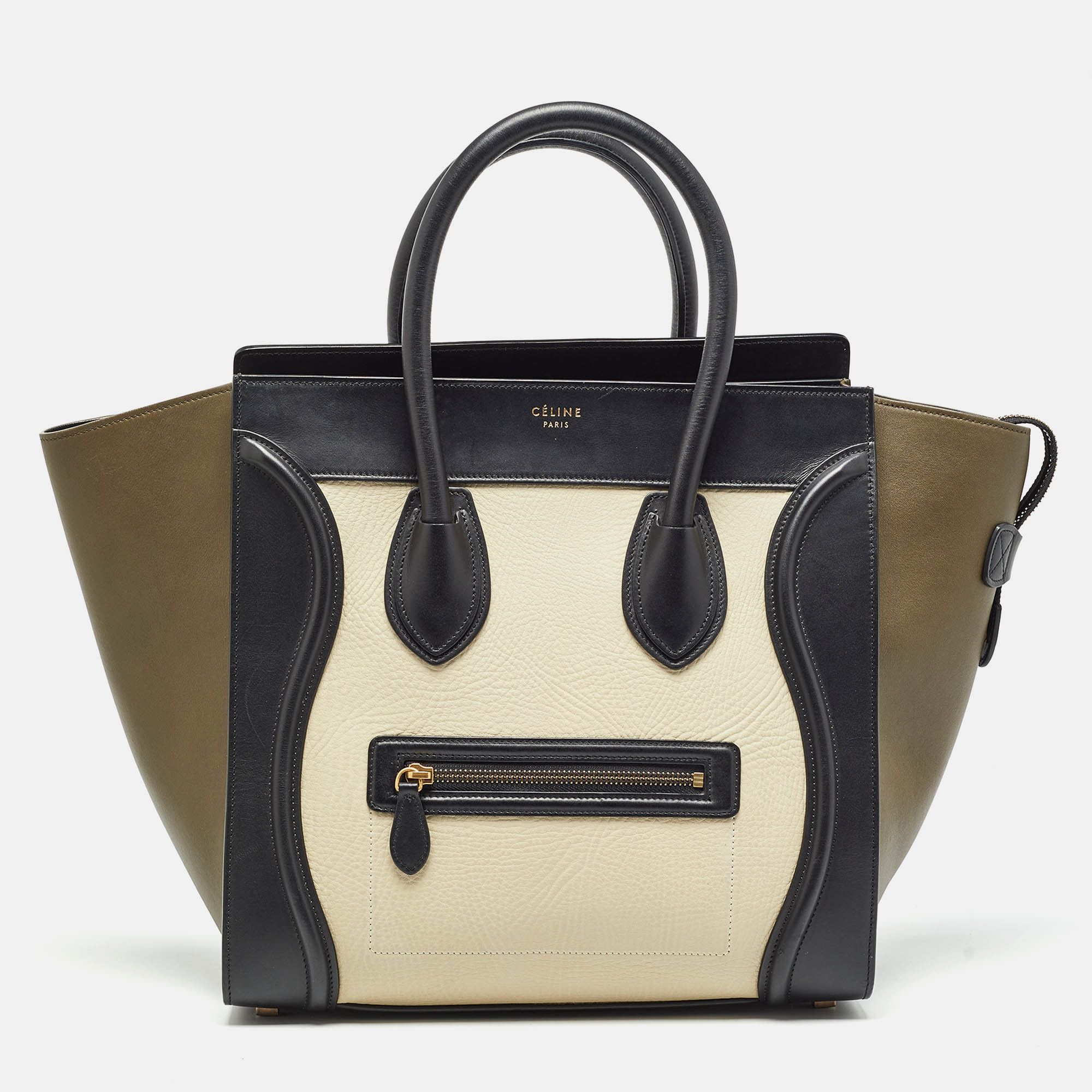 image of Celine Tricolor Leather Mini Luggage Tote in Black, Women's