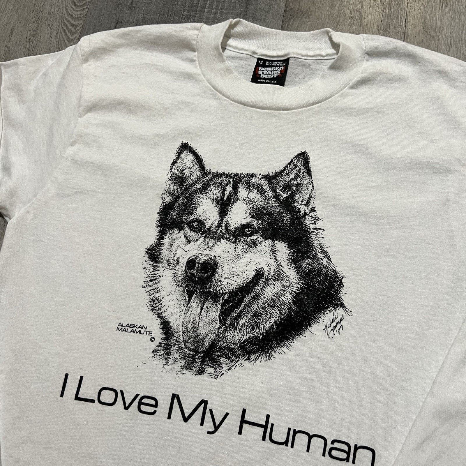 Vintage VTG Alaskan Malamute T Shirt White 90s "I Love My Human" Size M / US 6-8 / IT 42-44 - 3 Thumbnail