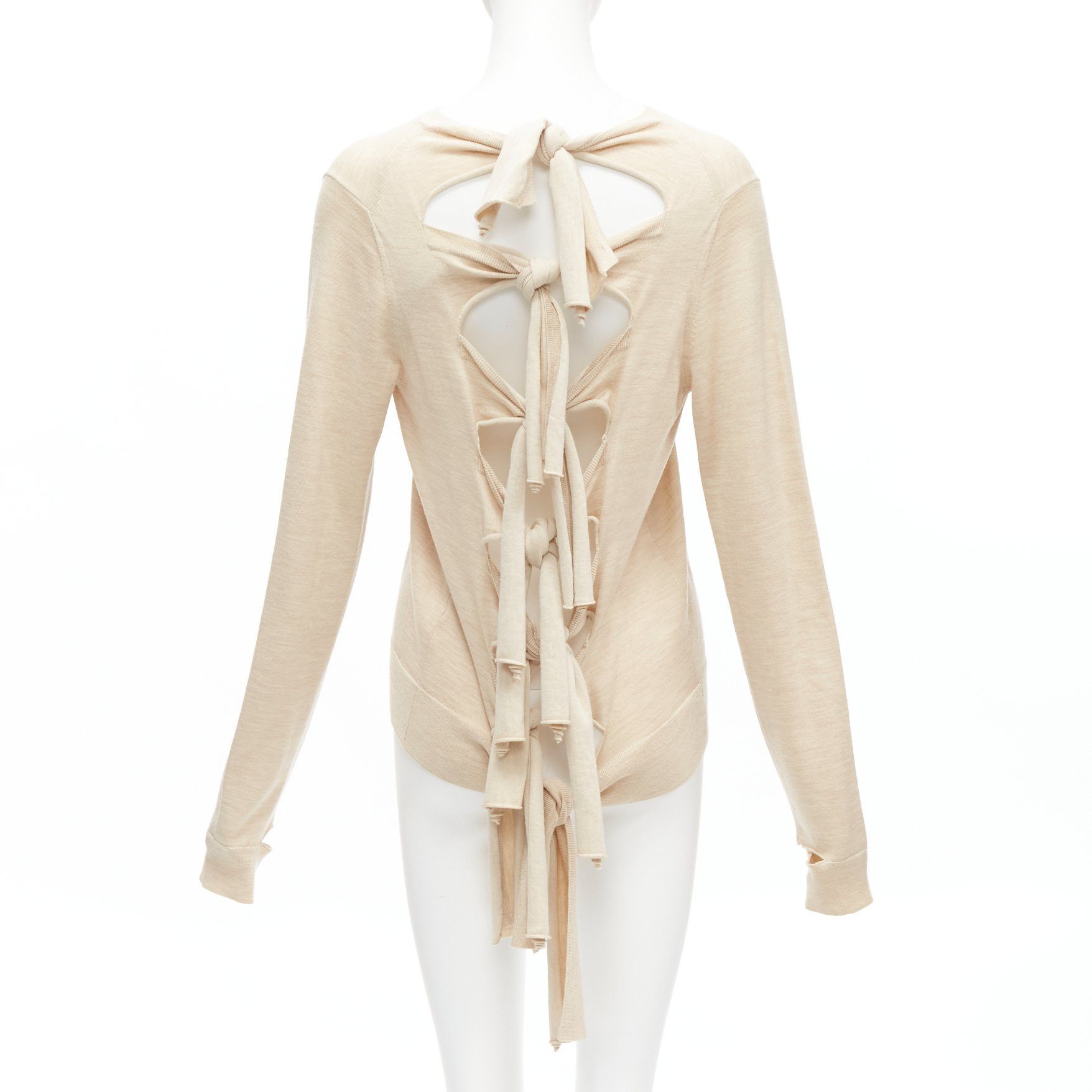 Celine OLD CELINE Phoebe Philo beige wool silk knot tie back cut out sleeves sweater M Size M / US 6-8 / IT 42-44 - 1 Thumbnail
