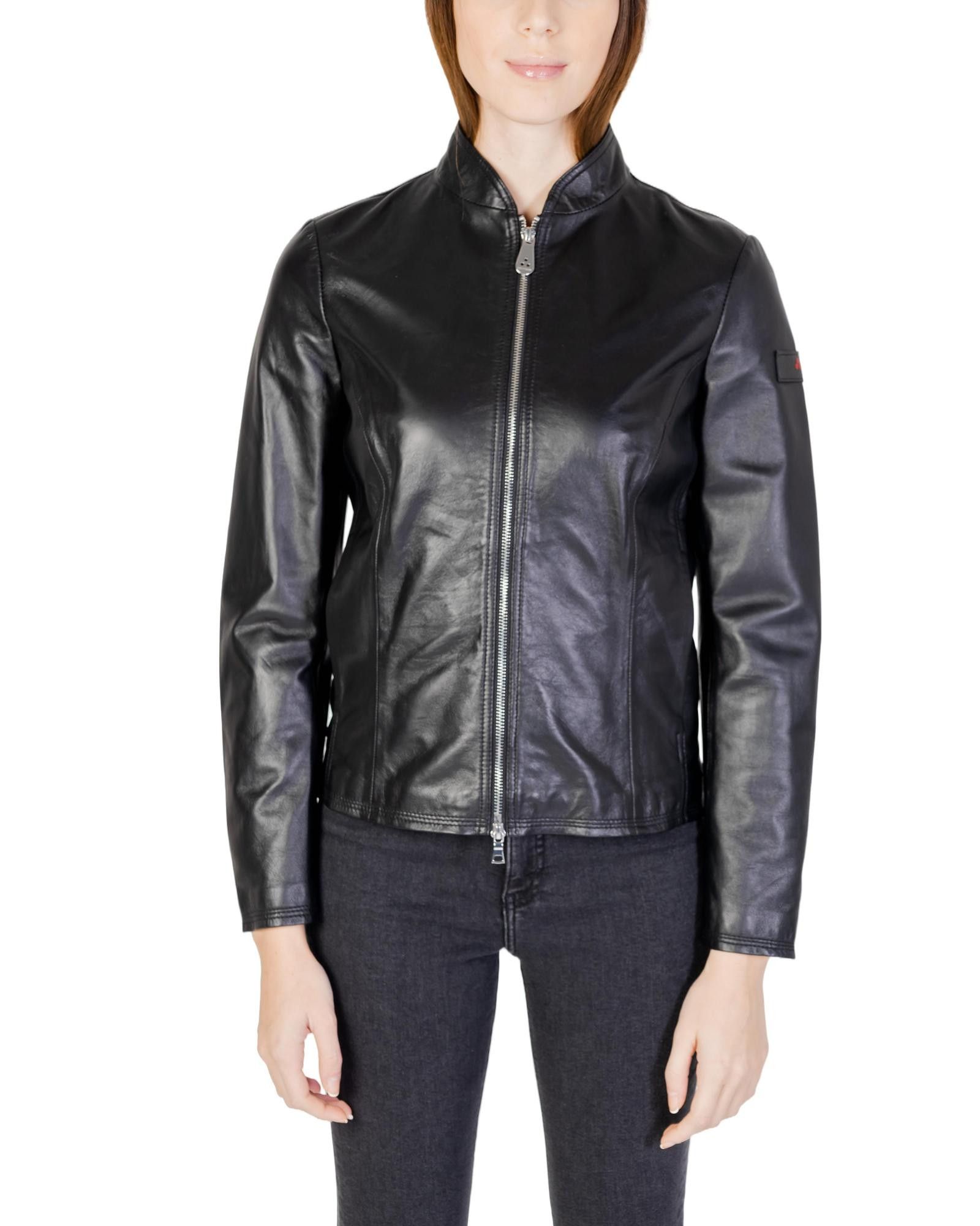image of Peuterey Leather Zippered Mandarin Collar Blazer in Black, Women's (Size Medium)