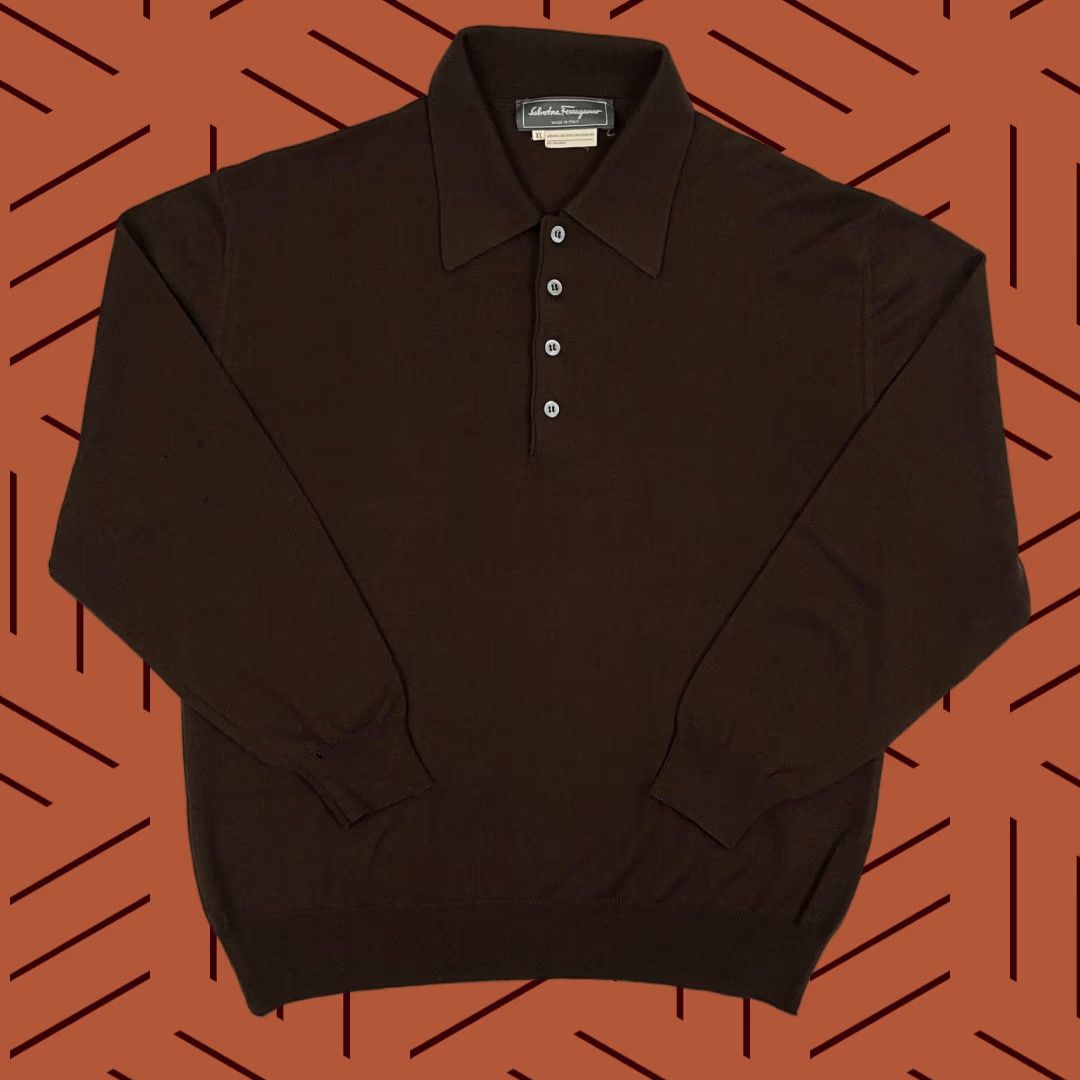 VTG Salvatore Ferragamo Sweater Polo Mens XL Brown Wool Jumper Preppy Old Money Classic