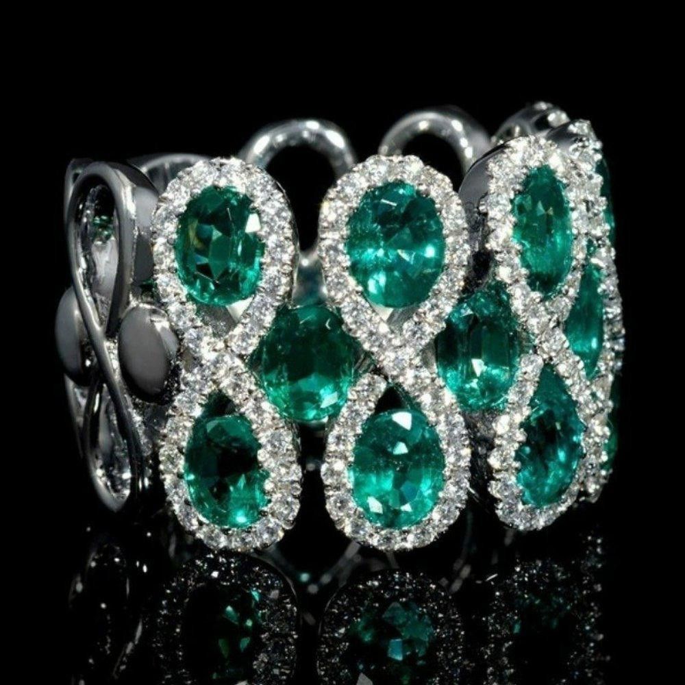Designer Green Emerald & White Pear Weave Band Silver Ring - Size 7 Size ONE SIZE - 2 Thumbnail