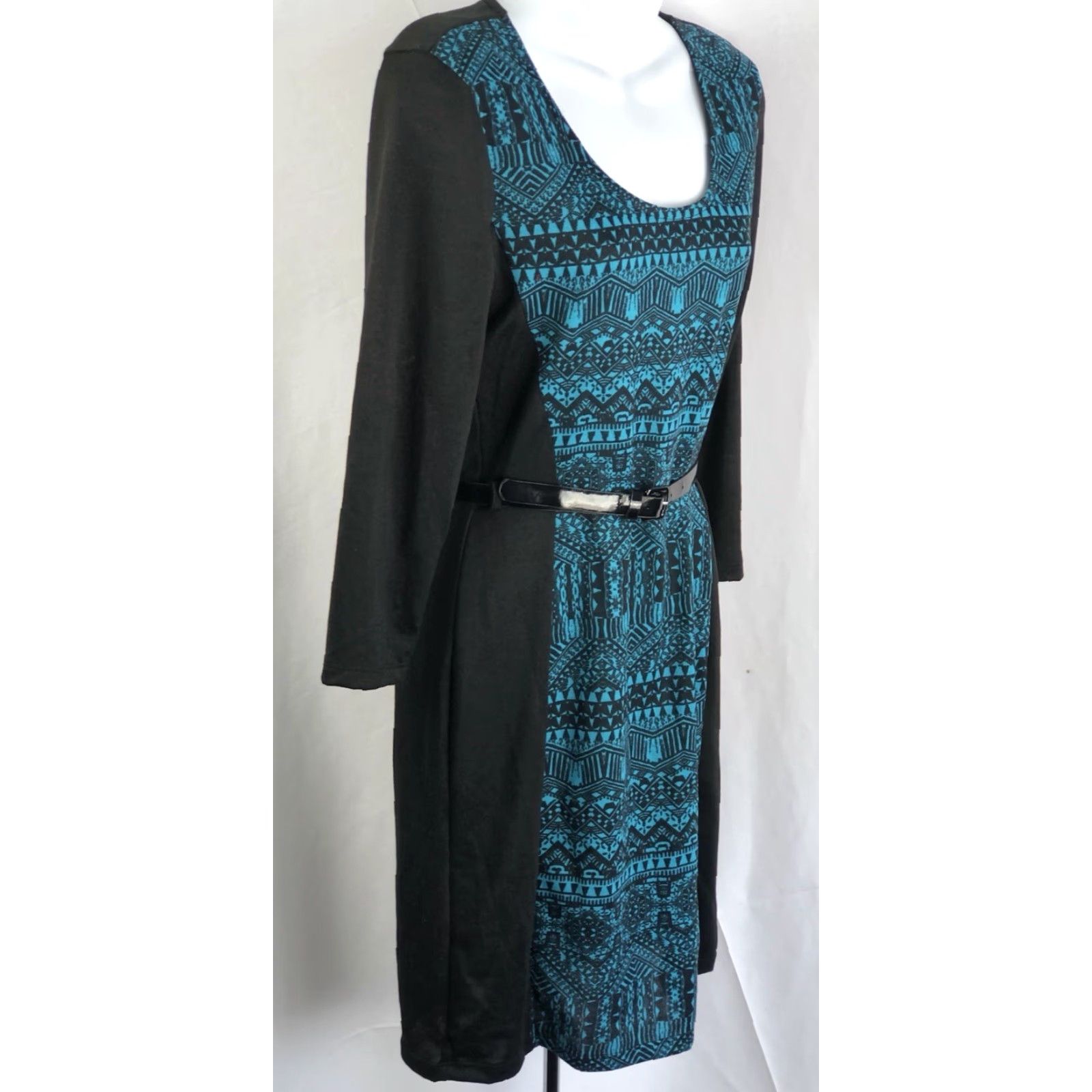 Vintage Bobbie Brooks Sweater Dress Midi S blk/teal Aztec Scoop Belt 3/4 Sleeve Academia Women Dressing Size S / US 4 / IT 40 - 2 Thumbnail