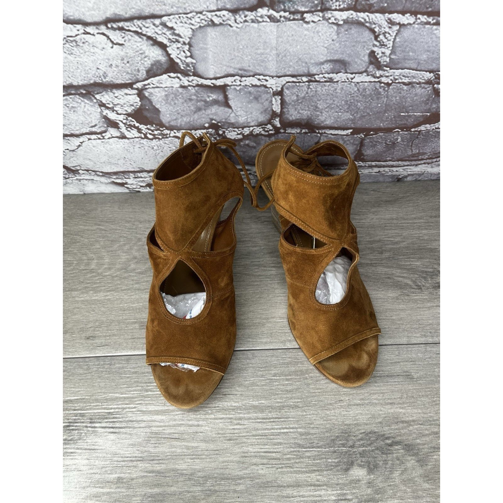 Aquazzura Aquazzura Sexy Thing Camel Ankle Open Toe Lace Up Suede Wedg Size US 7 / IT 37 - 18 Thumbnail
